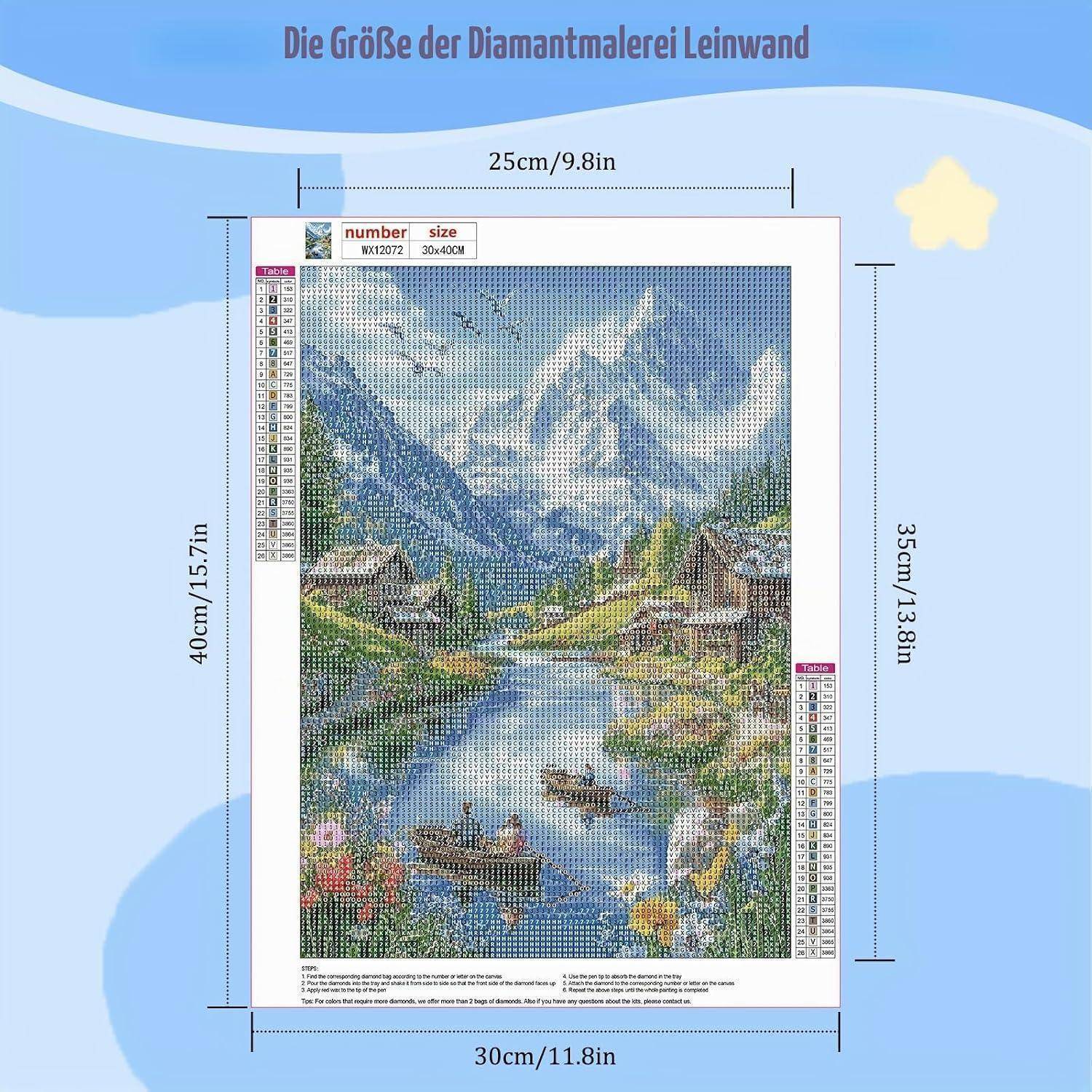 Größentabelle für Diamantmalerei mit einer Landschaftsdarstellung; fertige Fläche 25 cm x 35 cm, Gesamtleinwand 30 cm x 40 cm.