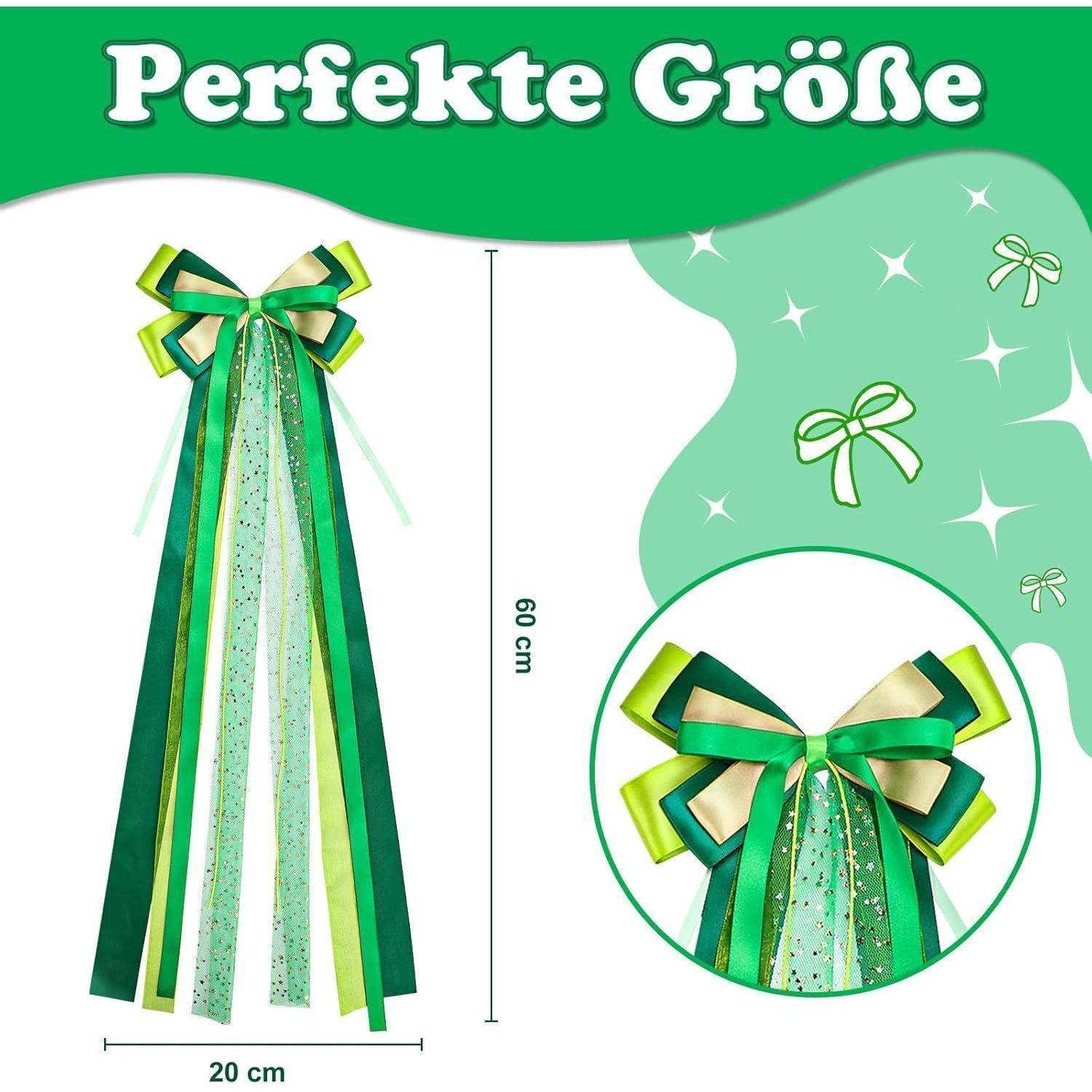 Grüne und goldene Schleifenschleife mit langen Bändern, beschriftet mit „Perfekte Größe