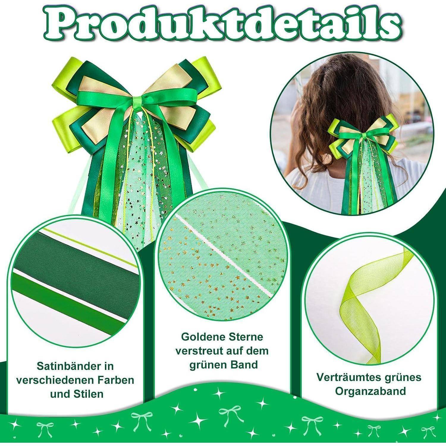 Produktdetails-Grafik für eine grüne Geschenkschleife: Satinbänder in verschiedenen Farben und Stilen, goldene Sterne auf grünem Band und ein transparentes grünes Organzaband, gezeigt auf einem Haarreif für Kinder.