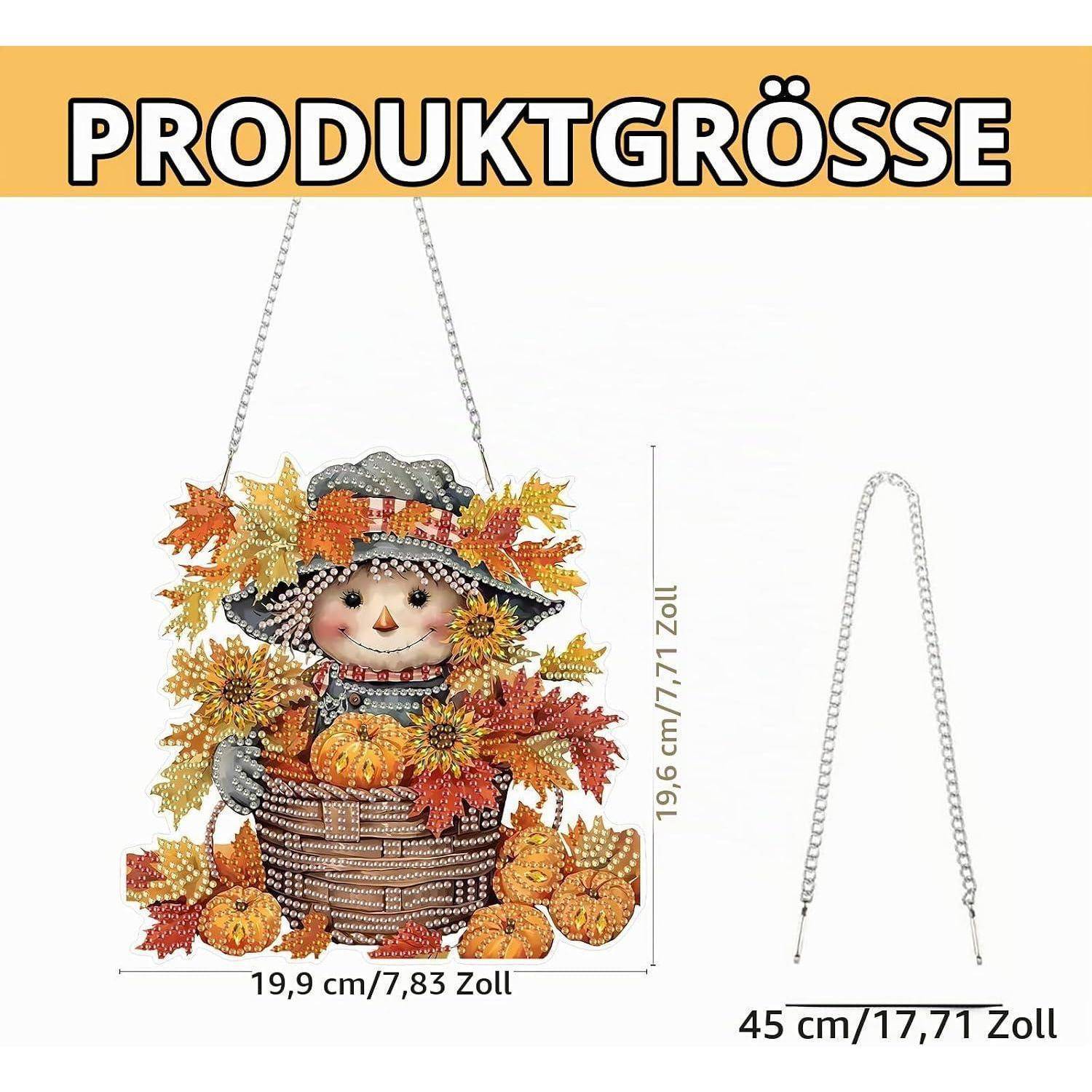 Produktgrößen-Diagramm einer Herbst-Vogelscheuchen-Wanddekoration mit den Maßen 19,9 cm Breite, 19,6 cm Höhe und einer Kettenlänge von 45 cm.