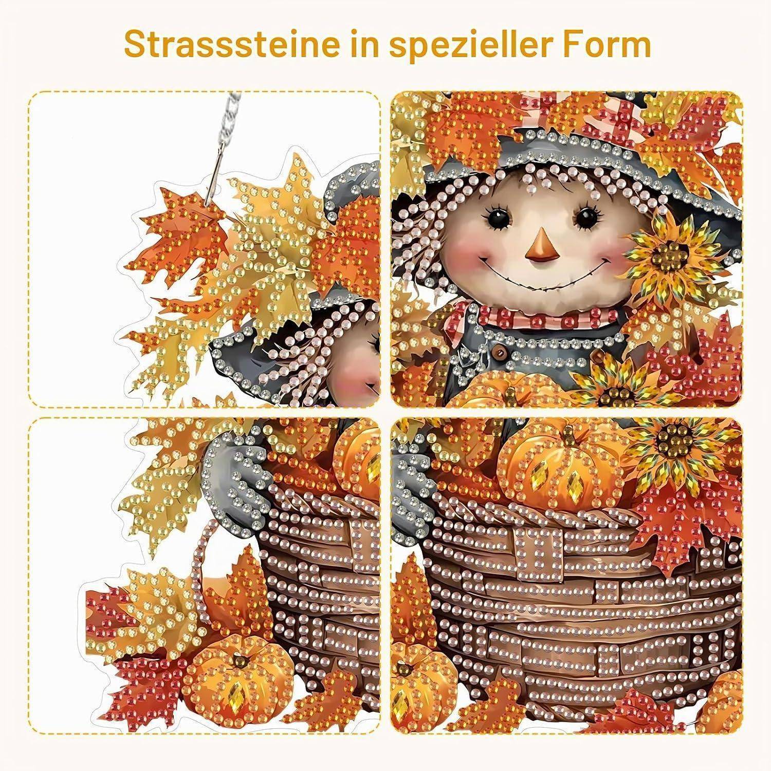 Collage von herbstlich gestalteten Pflastersteinen oder Mosaiken mit einem lächelnden Schneemann, Blättern, Blumen und Kürbissen und dem deutschen Titel 