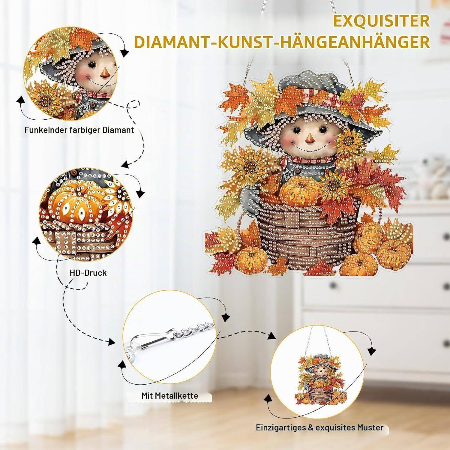 Diamantkunst-Hängung aus Herbstvogelscheuchen-Form mit Kürbissen und Blättern, gezeigt mit eingefügten Nahaufnahmen von funkelnden Details, HD-Druck und Metallkette.