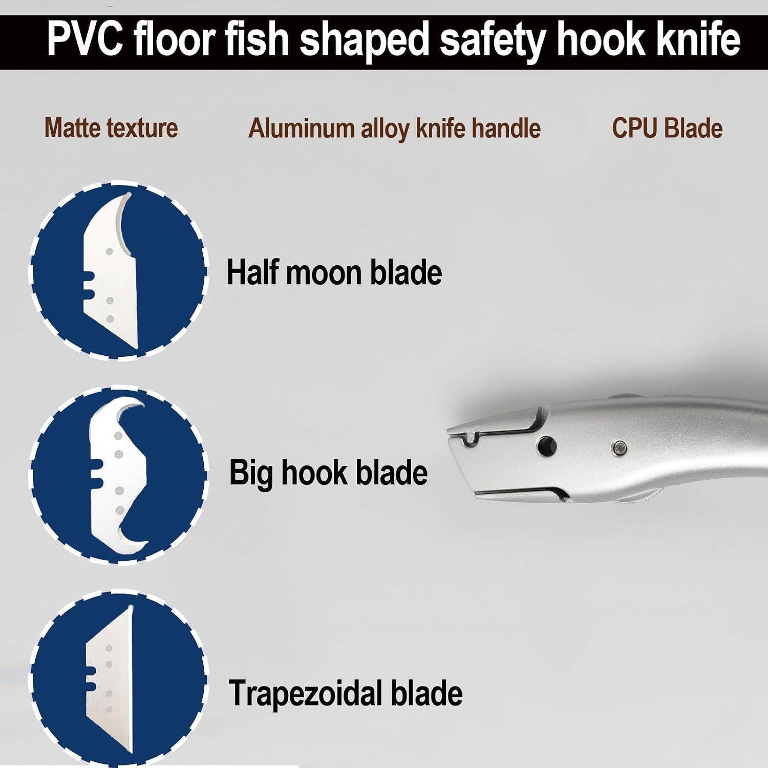 Infografik eines PVC-Bodenfisch-förmigen Sicherheitshakenmessers, das eine matte Textur, einen Griff aus Aluminium-Legierung, eine CPU-Klinge und drei Klingentypen zeigt: Halbmond, großer Haken, trapezförmig.