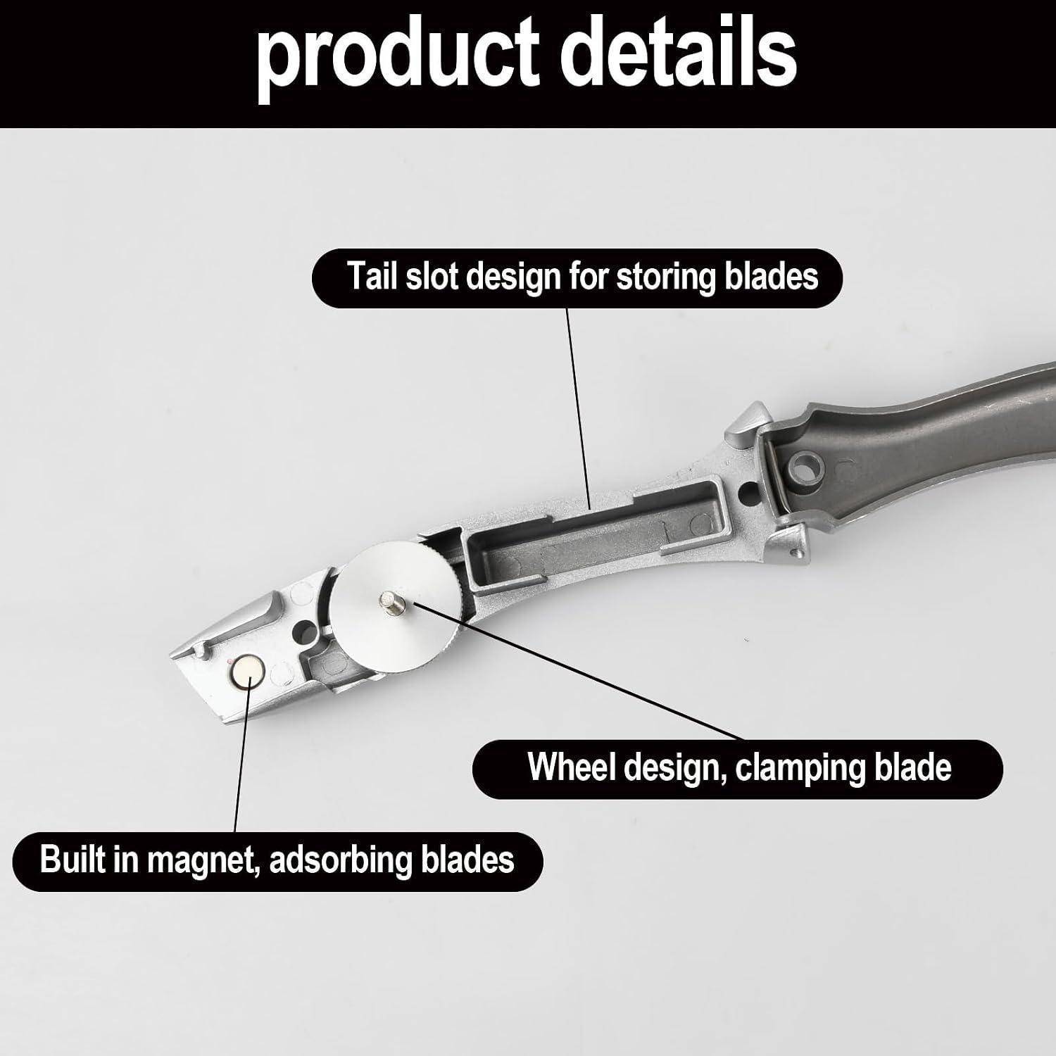 Produktdetails Bild eines Klappmessers mit Hervorhebung des Schlitzes am Griff zur Klingenlagerung, des Radklemm-Designs und des integrierten Magneten zum Halten der Klingen.