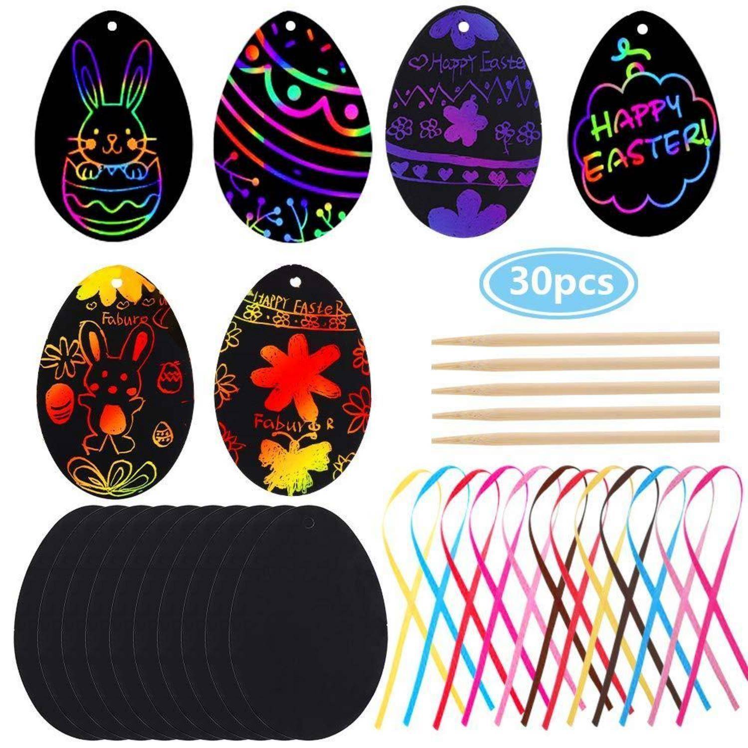 Produktbild von 30 Kratzbild-Ostereier-Karten mit Neonzeichnungen und „Happy Easter