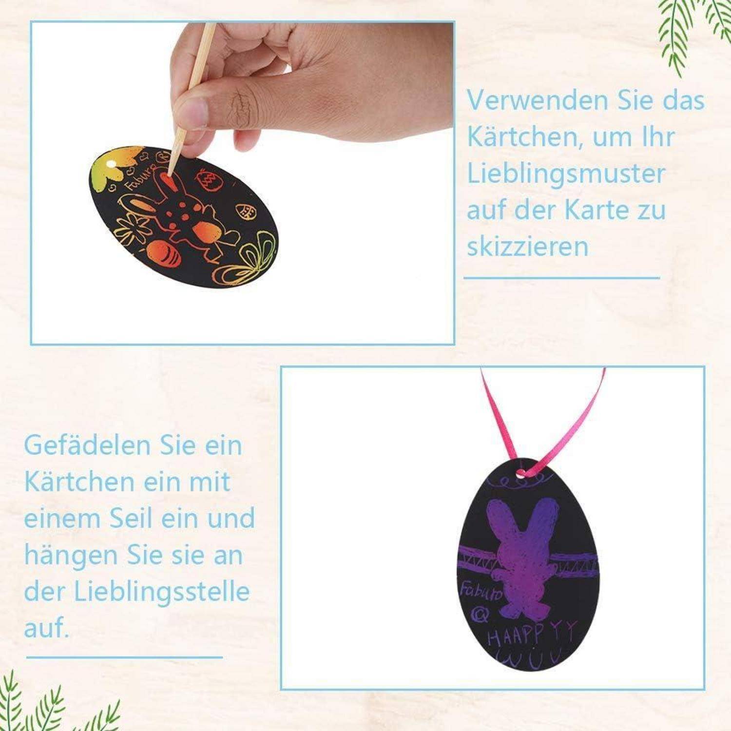 Anleitungsgrafik zum Herstellen einer Hängekarten-Verzierung: Skizzieren Sie ein Liebingsmuster auf die Karte, dann führen Sie ein Schnur hindurch, um sie aufzuhängen.