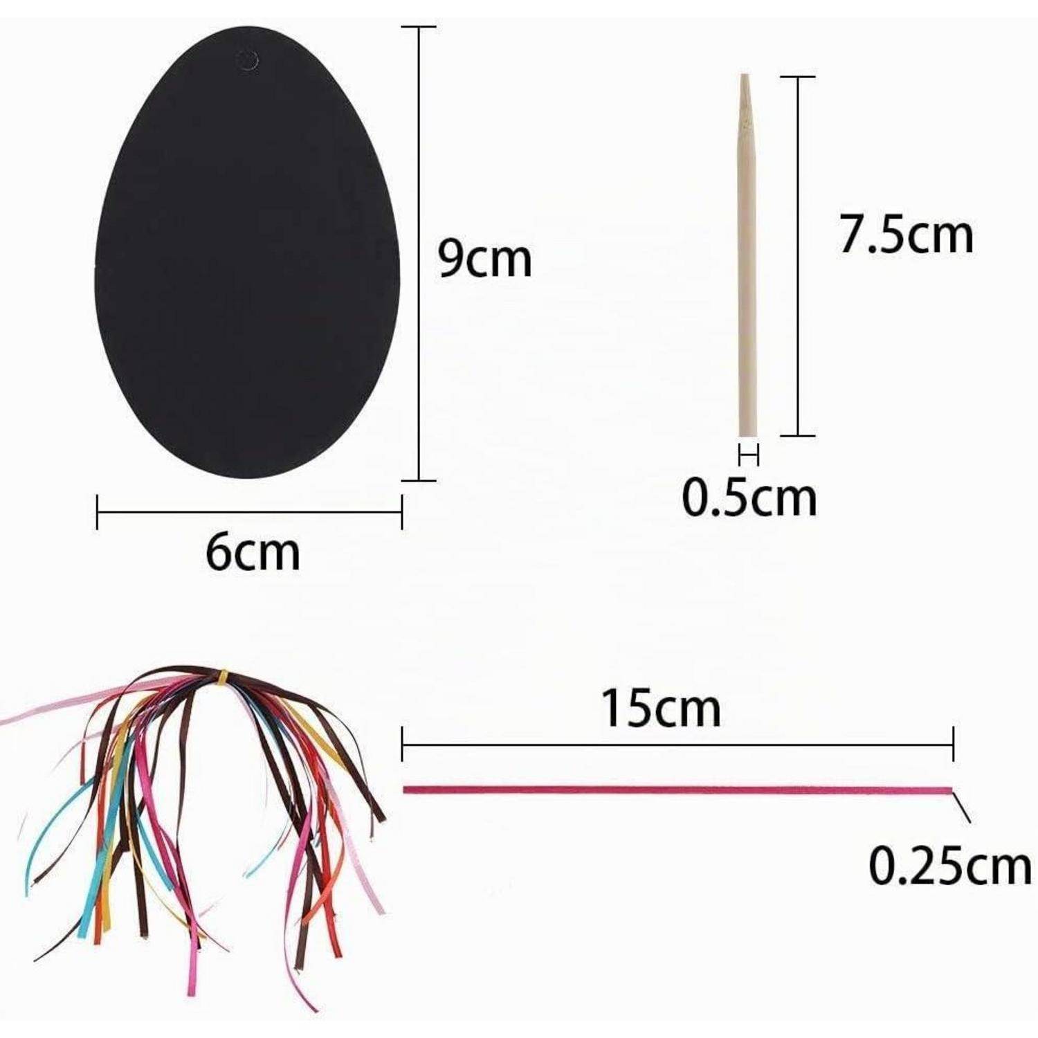 Diagramm zeigt drei Teile und deren Größen: ein 9 x 6 cm großes Oval, einen 7,5 cm x 0,5 cm großen Stab und 15 cm und 0,25 cm große Streifen mit hängenden Strängen.