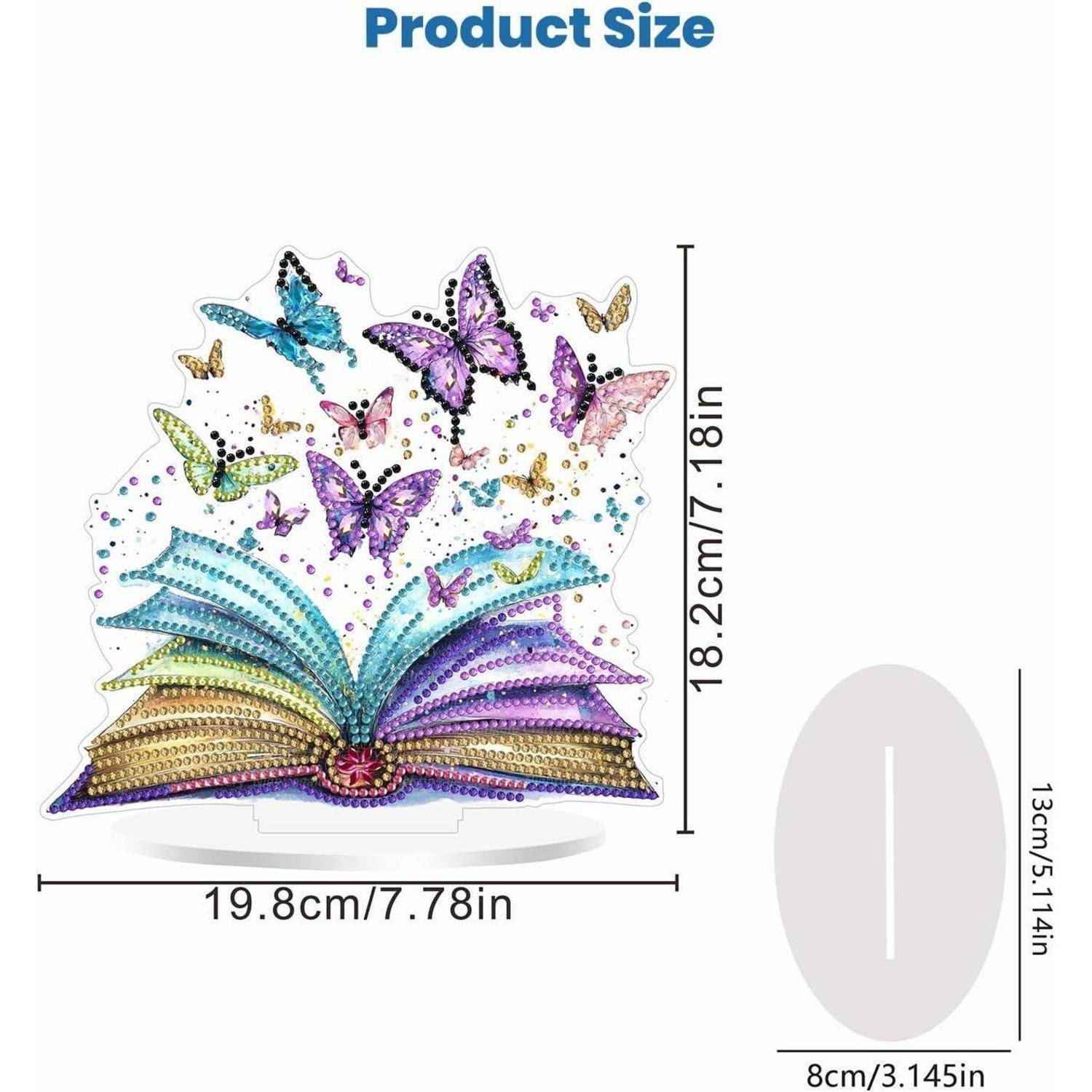 Das Größendiagramm des Produkts zeigt eine Schmetterlings-Pop-up-Buchverzierung mit einer Höhe von 18,2 cm und einer Breite von 19,8 cm. Die Basismessung beträgt 13 x 8 cm.