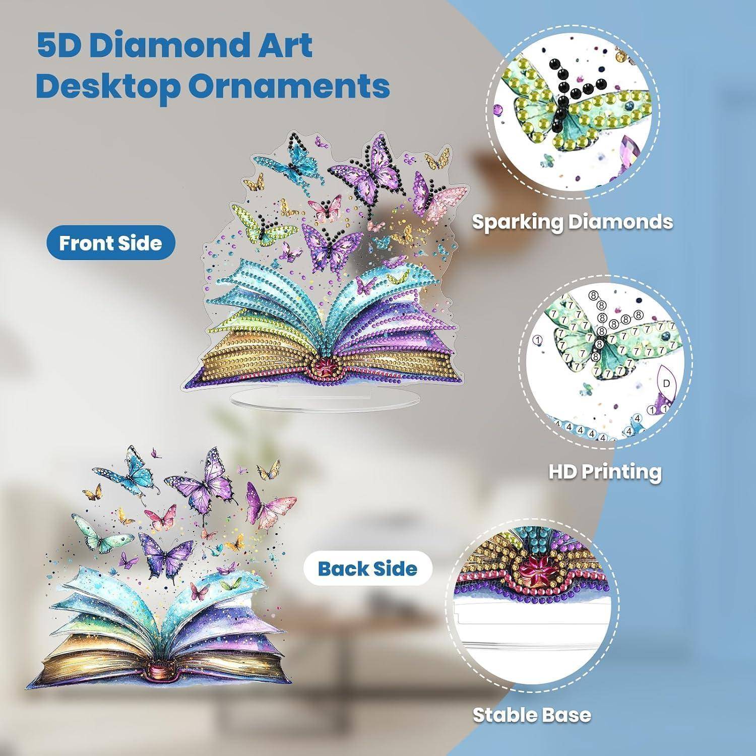 Werbegrafik zeigt Diamantmalerei-Schreibtischobjekte in 5D: ein aufgeschlagenes Regenbogenbuch mit Schmetterlingen, Vorder- und Rückansichten, plus Legenden für funkelnde Diamanten, HD-Druck und eine stabile Basis.