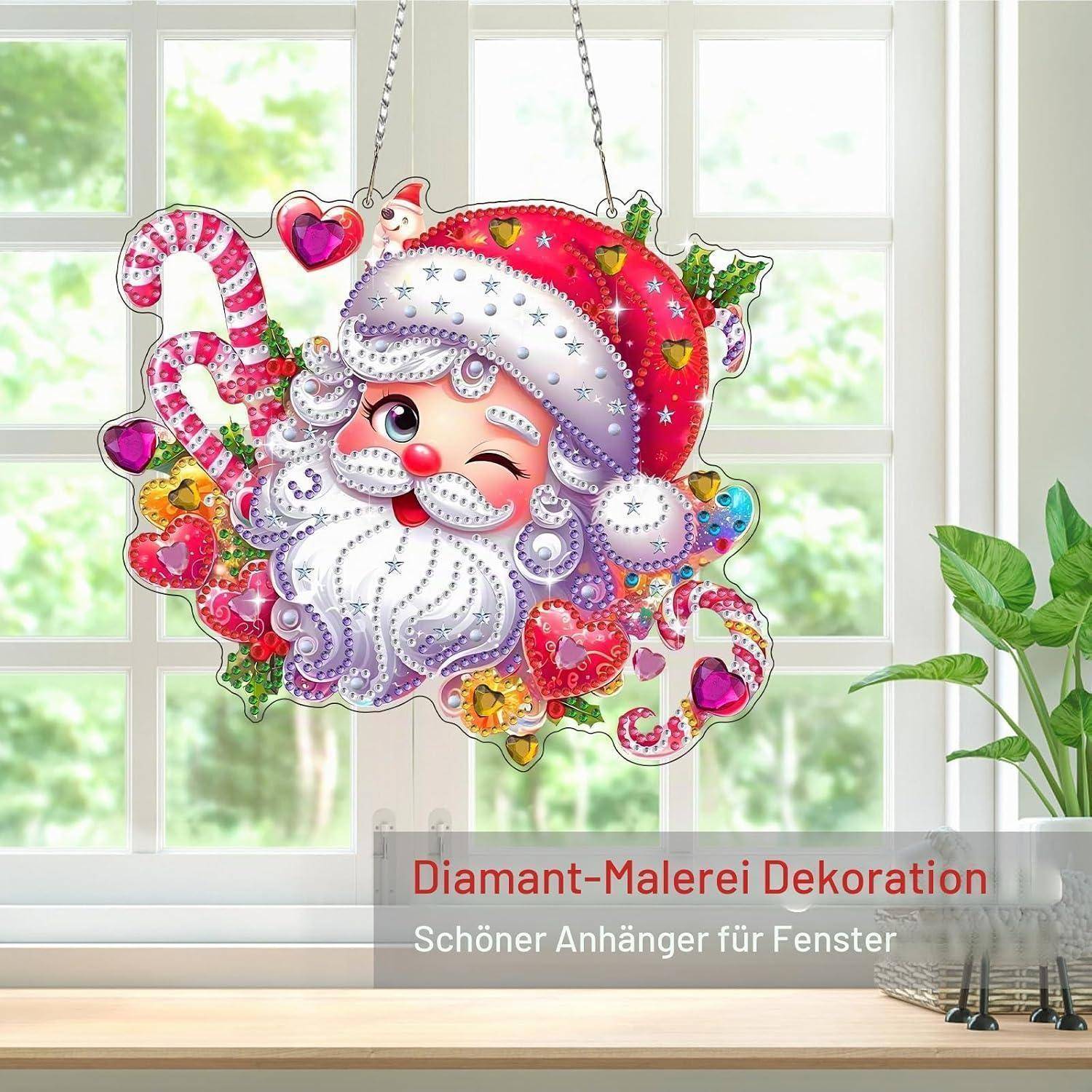 Buntes weihnachtliches Fenster-Deko-Anhänger in Weihnachtsmannform mit Herzen und Zuckerstangen-Verzierungen, beschriftet mit „Diamant-Malerei Dekoration