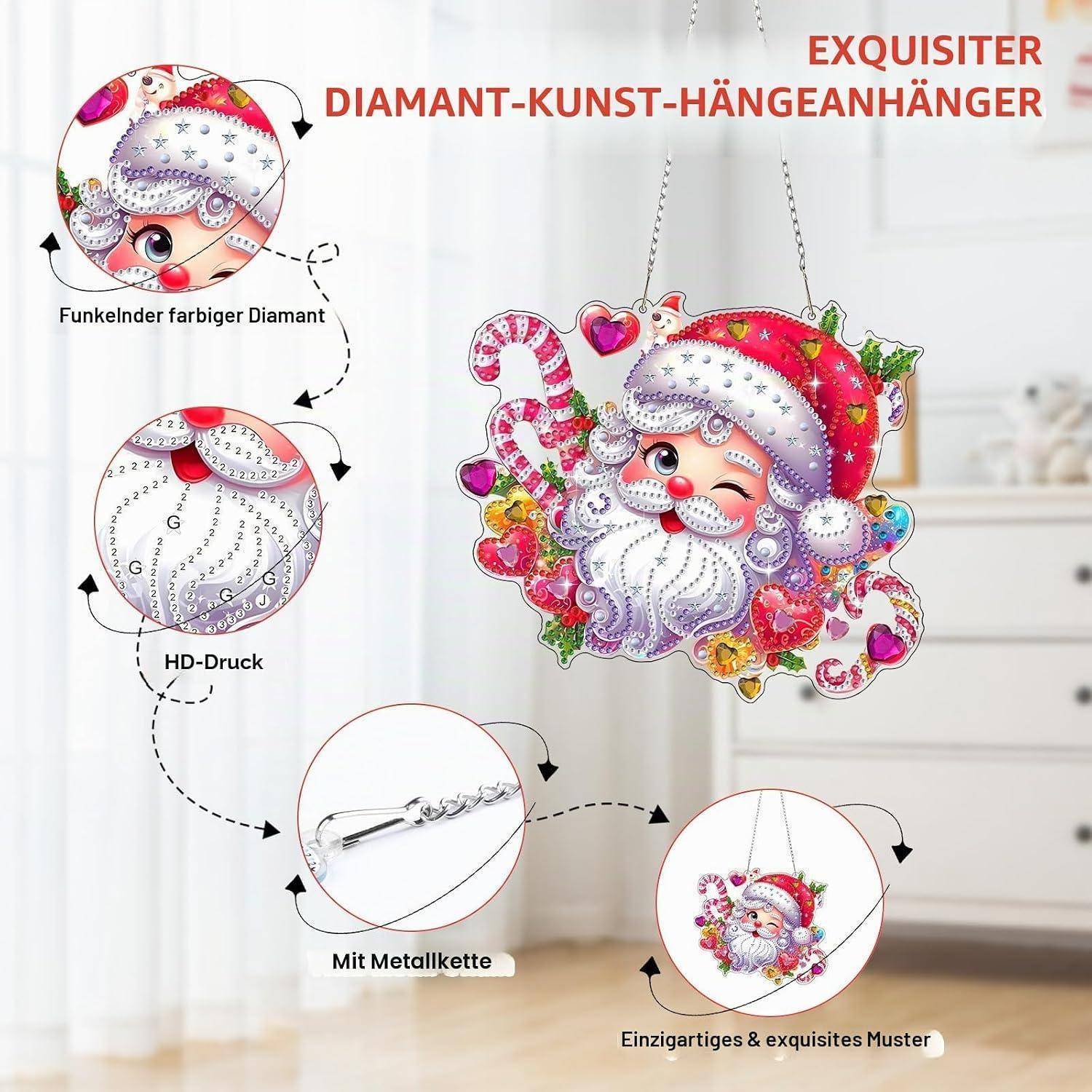 Weihnachtsmann-Diamantkunst-Hängependant mit Metallkette, gezeigt mit Nahaufnahmen, die funkelnden farbigen Glanz, HD-Druck und einzigartiges festliches Design hervorheben.