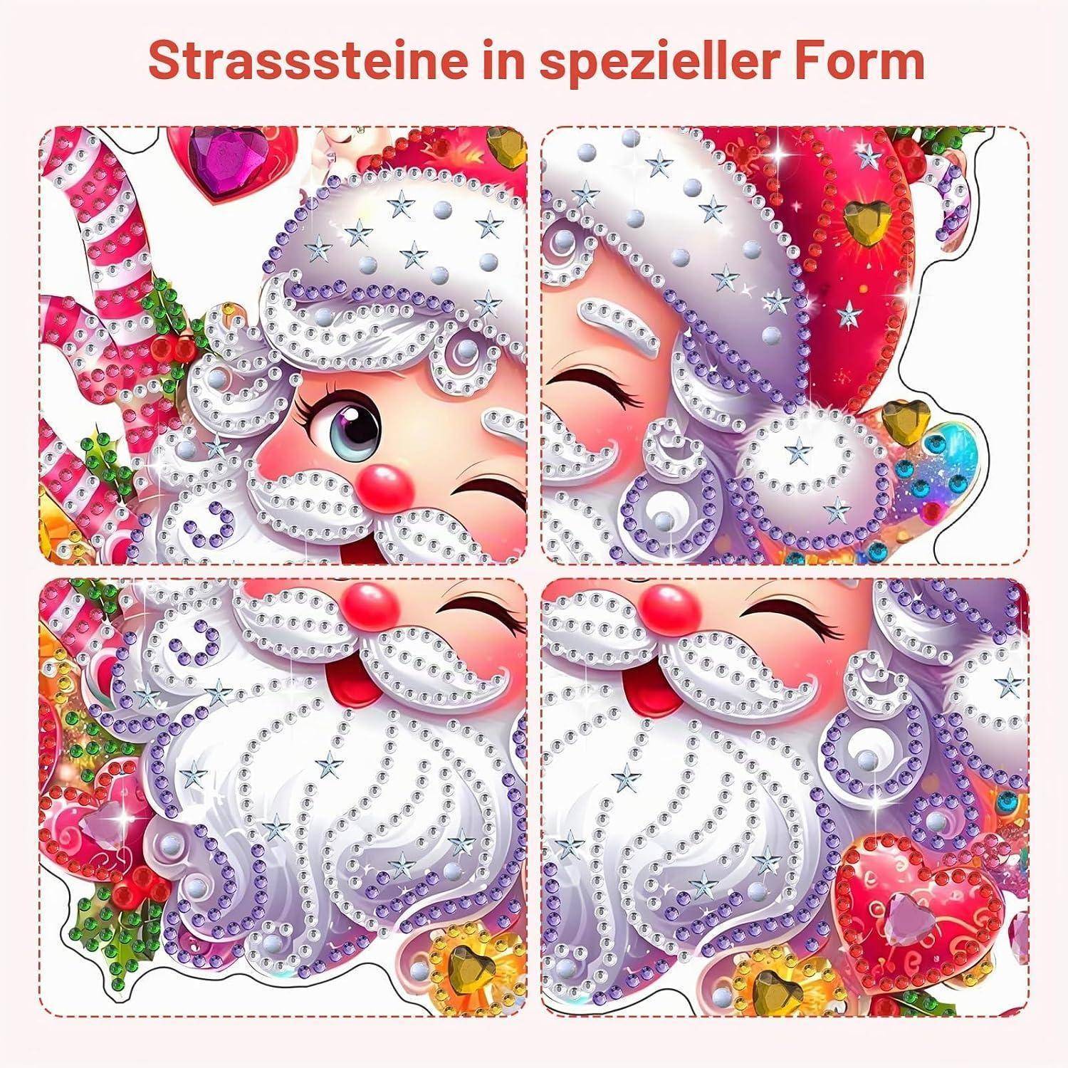 Vier dekorative Paneele mit einem lächelnden Weihnachtsmanngesicht aus farbigen Schmucksteinen, mit dem Titel „Strasssteine in spezieller Form