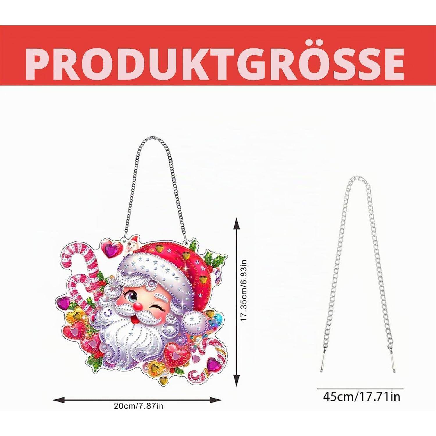 Produktgrößendiagramm einer Weihnachtsmanngesicht-Hängdekoration: 20 cm breit, 17,5 cm hoch, mit einer Kettenlänge von 45 cm.