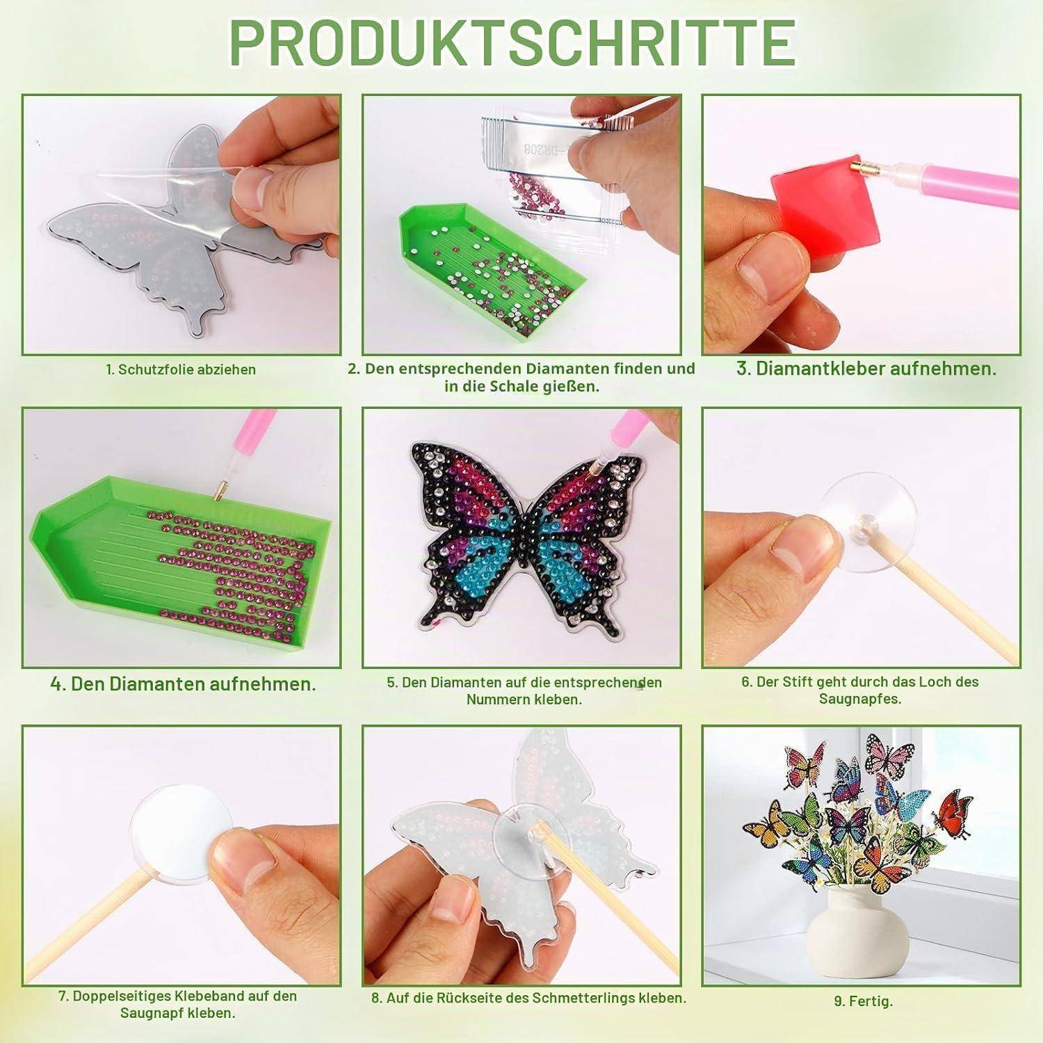 Neun-Schritte-Bildanleitung zum Anbringen von Diamant-Aufklebern an einer Schmetterlingsdekorationm vom Abziehen der Folie und dem Platzieren von Steinen bis zur Fertigstellung der Schmetterlingsanzeige.