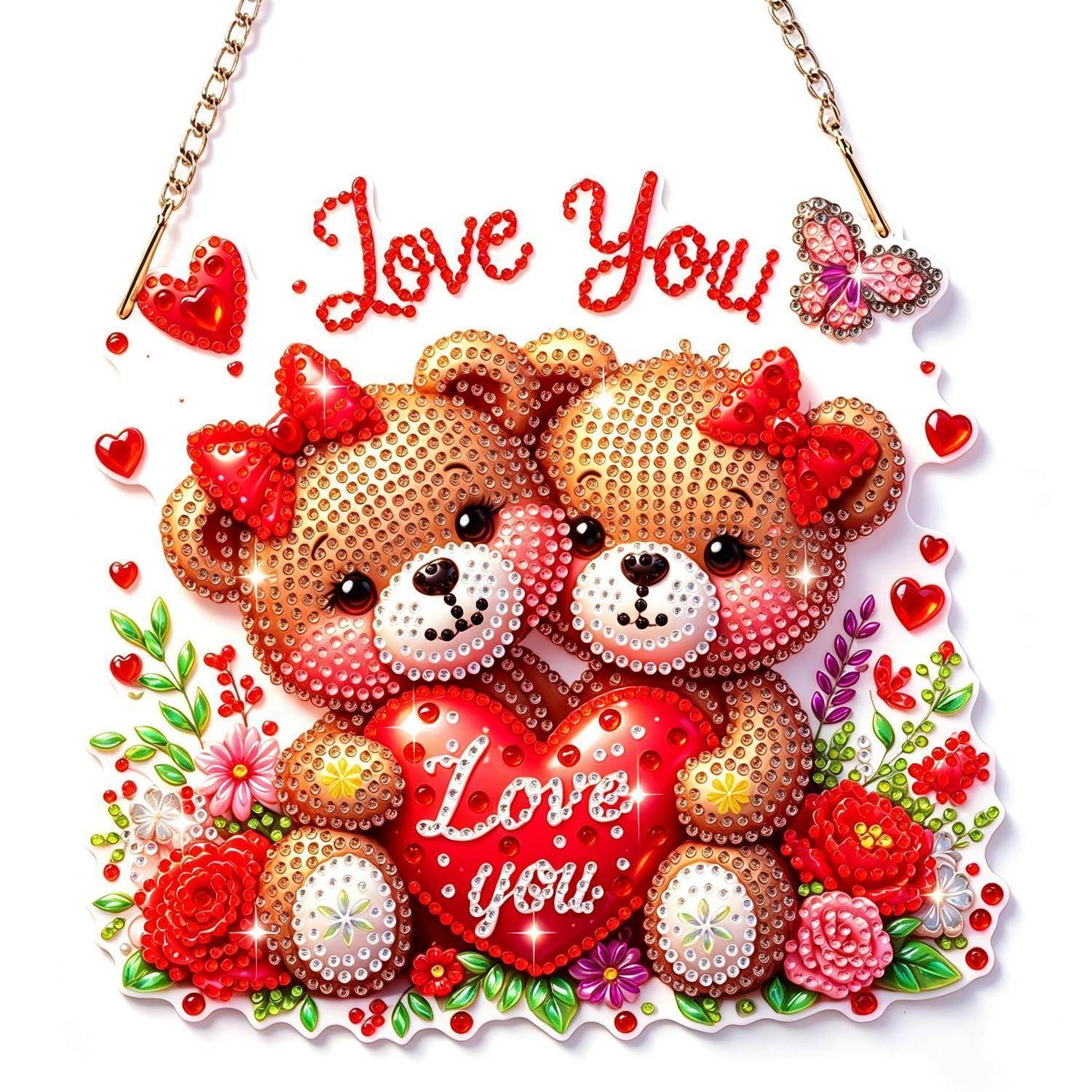 Zwei Teddybären, die ein Herz mit den Worten „Ich liebe dich