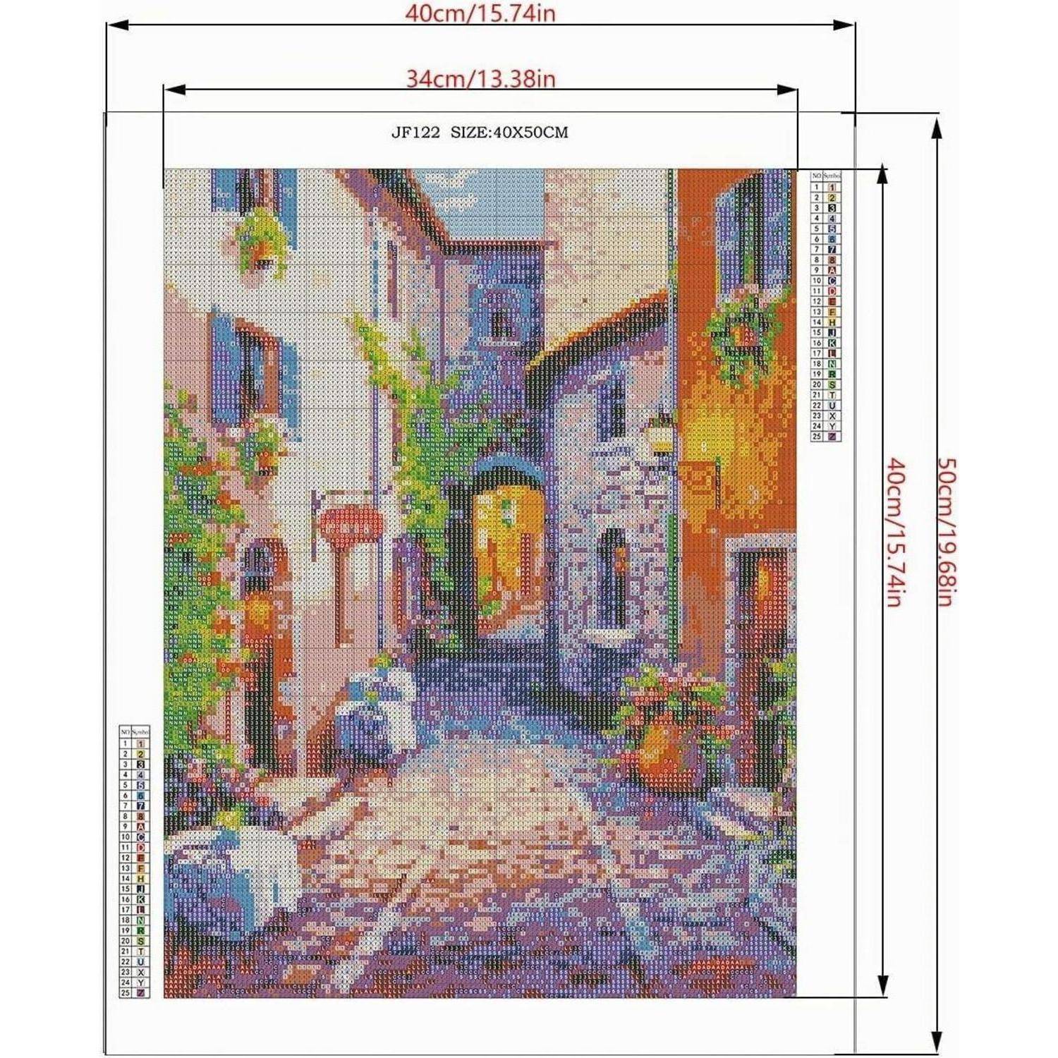 Diamantmalerei-Set mit einer farbenfrohen engen europäischen Straßenszene, mit 40x50 cm Gesamtgröße und 34x40 cm Bildfläche gekennzeichnet.