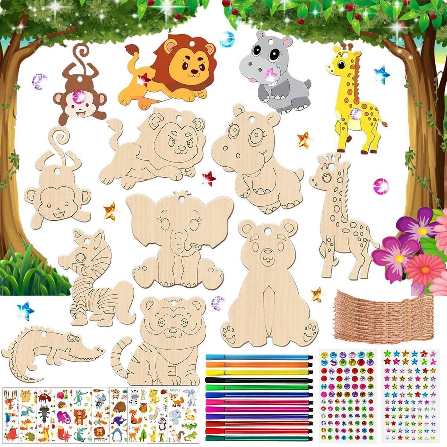 Holzfiguren-Bastelset mit unpainted Dschungel- und Safari-Tieren, Buntstiften, Aufklebern und Beispielen von beendeten bemalten Designs.