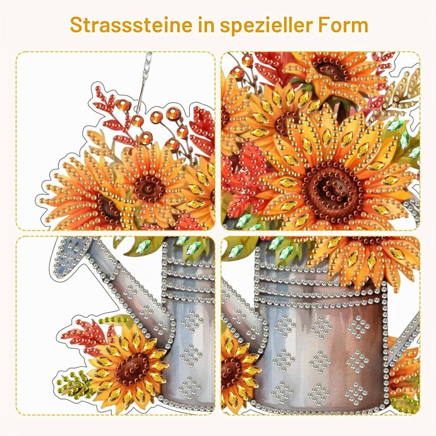 Dekorative Kristallmosaik-Kunstwerk aus orangefarbenen und gelben Blüten auf einer Gießkanne, mit dem Titel „Strasssteine in spezieller Form