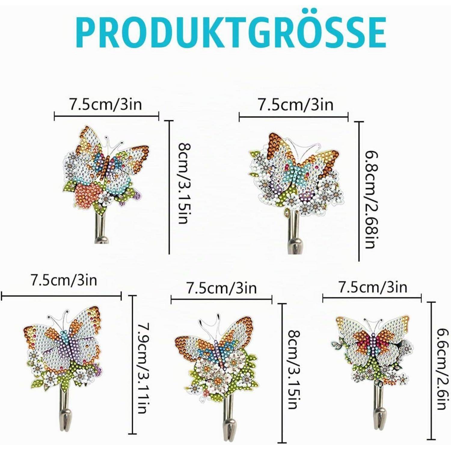 Größentabelle für Produkte mit fünf Schmetterlings-Wandhaken, jeweils 7,5 cm breit mit Höhen von 6,6 bis 8 cm und 3 Zoll breit mit Höhen von 2,6 bis 3,15 Zoll.