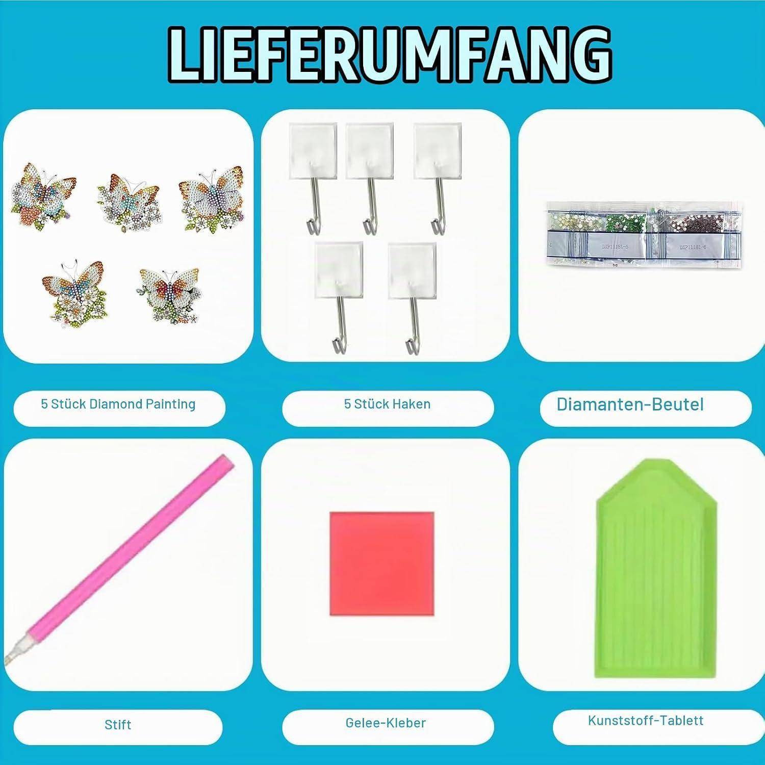 Produktinhaltsübersicht mit enthaltenen Artikeln: 5 Schmetterlings-Diamantmalereien, 5 Haken, Diamantbeutel, rosa Stift, Gelkleber und ein Kunststofftablett.