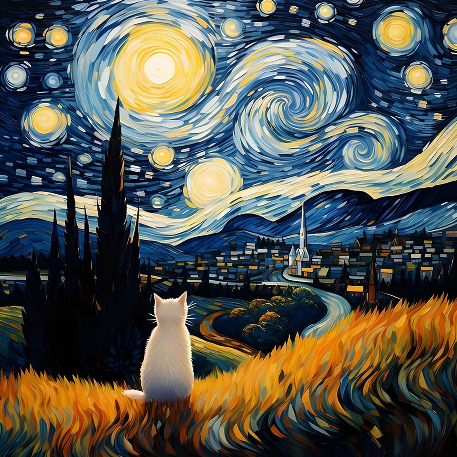 Eine weiße Katze sitzt auf einem leuchtenden Hügel und überblickt ein Dorf mit einer Kirche unter einem wirbelnden, sternenübersäten Nachthimmel, im Stil von Van Gogh inspiriert.