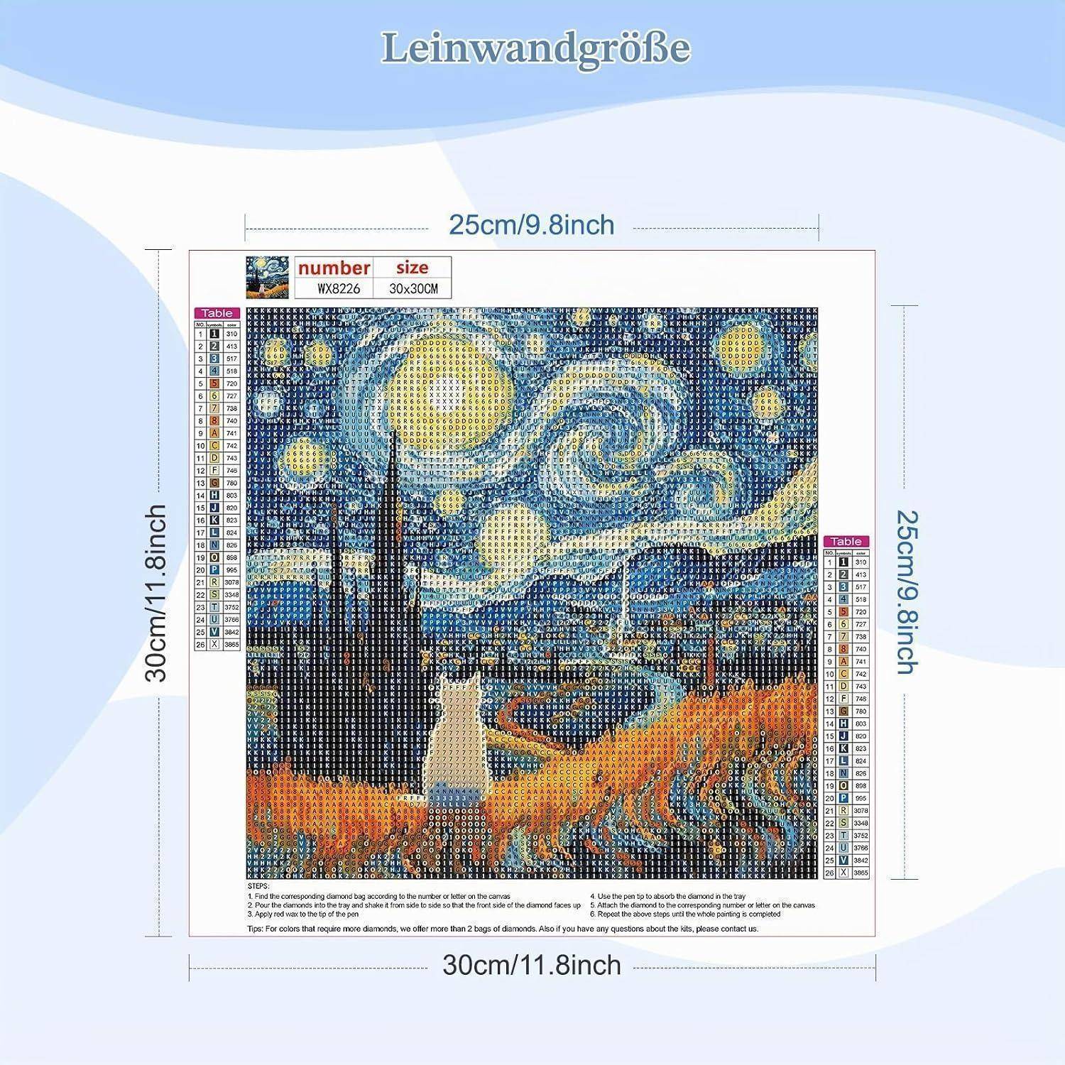 Größendiagramm für Diamond-Painting-Leinwand mit einem Muster im Stil der 'Sternennacht', gekennzeichnet mit 30cm/11,8in x 30cm/11,8in mit innerer Bildgröße von 25cm/9,8in x 25cm/9,8in.