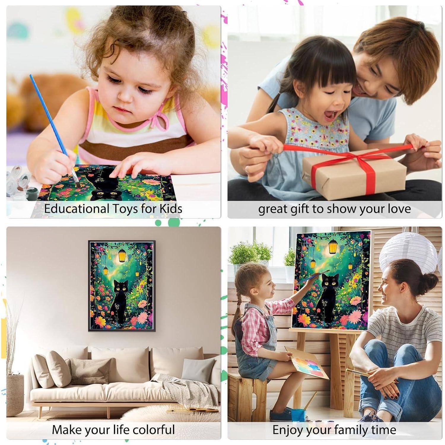 Collage, das Kinder-Malbuch-Sets bewirbt: Kinder beim Malen, ein Kind öffnet ein Geschenk, Wandkunst in einem Wohnzimmer und eine Familie malt gemeinsam.