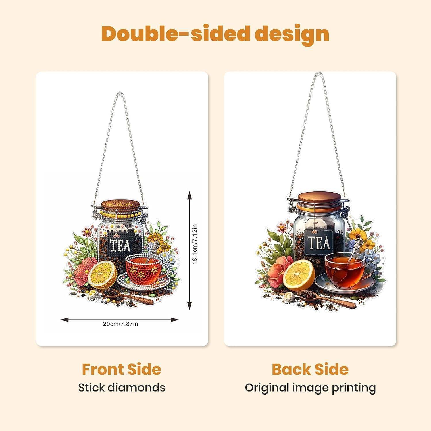 Produktgrafik mit Teejarbeutel-Design mit Abmessungen; Vorderseite verwendet Stab-Diamanten, Rückseite zeigt Original-Bilddruck.
