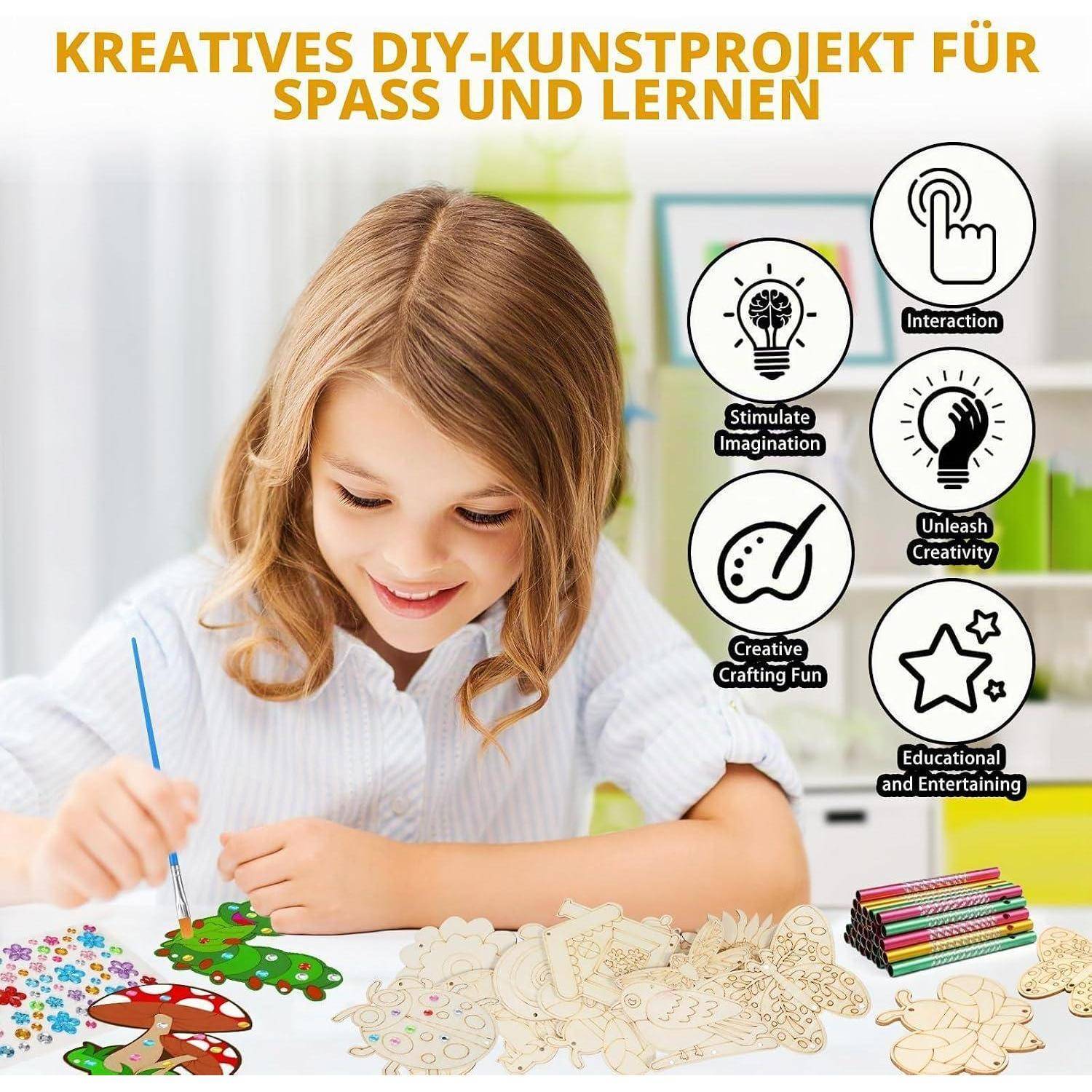 Mädchen bemalt ein Kunsthandwerksprojekt an einem Tisch, mit deutscher Überschrift „Kreatives DIY-Kunstprojekt für Spaß und Lernen