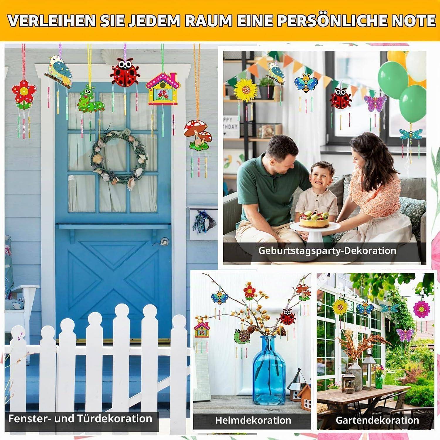 SRIZIAN 12 Stück Frühling Windspiel Bastelset Kinder mit 12 Stk Stift, Insekt Tier Blume Holz Basteln Windspiele für Kinder Mädchen Junge Geburtst