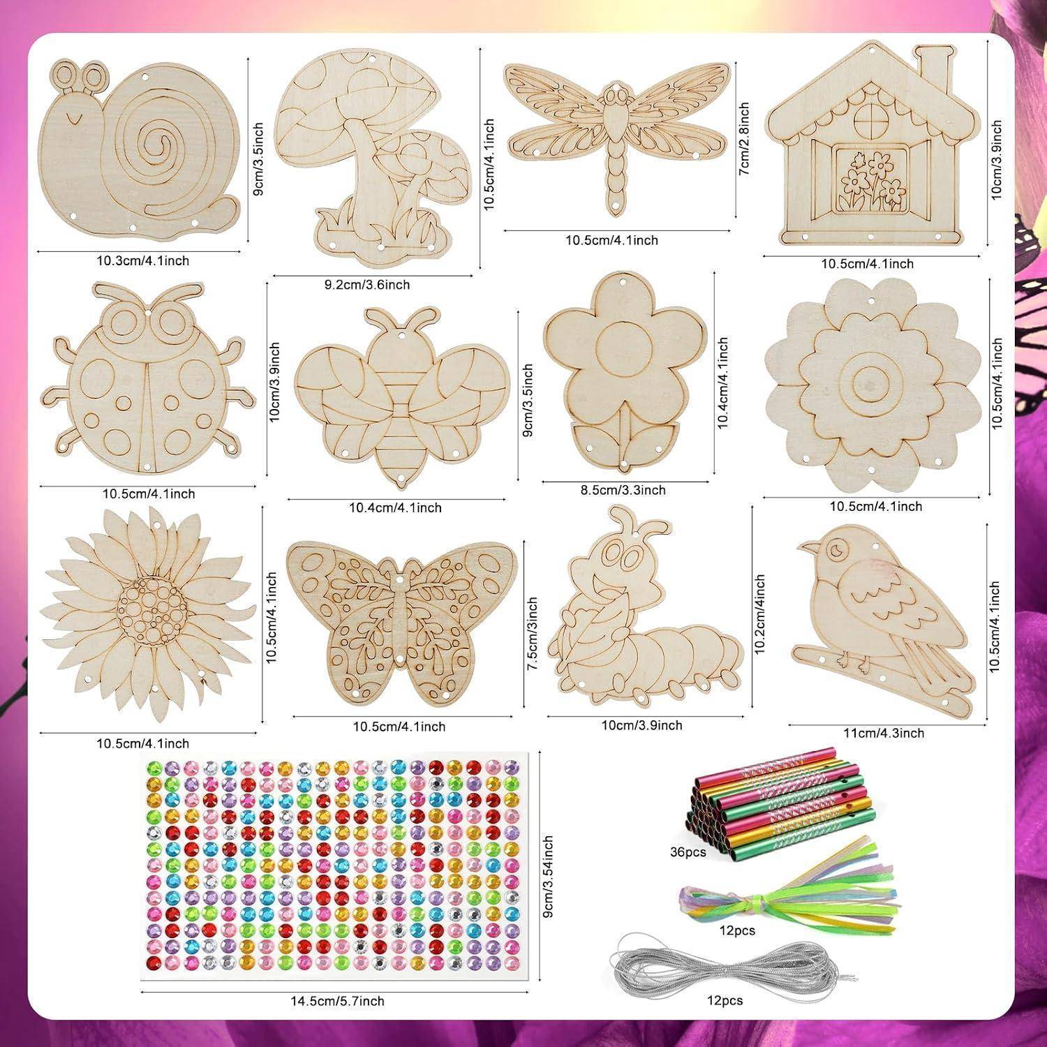 # Craft Wood Craft Kit mit 10 laser-geschnittenen Holzformen, 36 farbigen Edelsteinen, 12 Bändern und 12 Drähten mit abgebildeten Abmessungen.