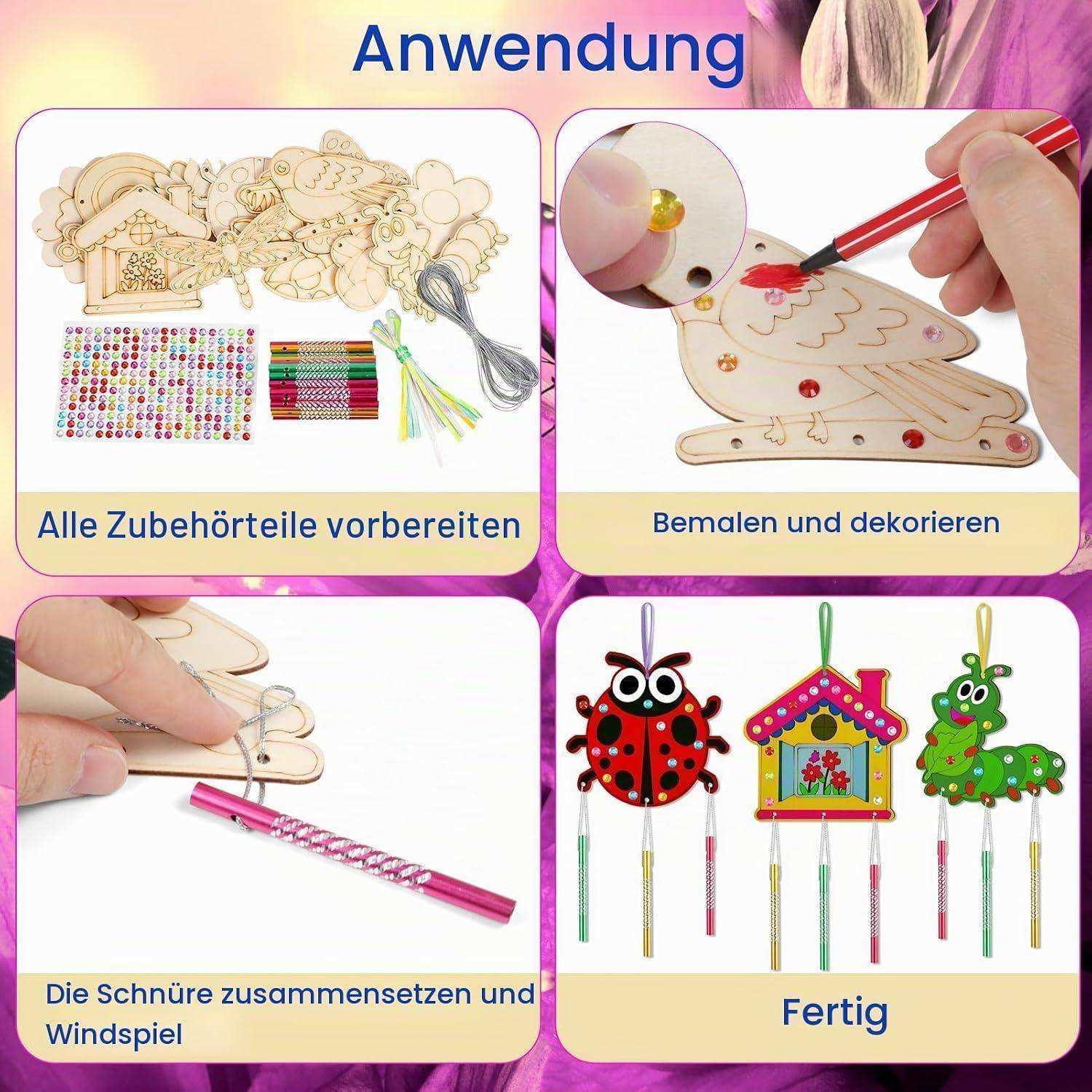 Anleitungs-Collage zum Zusammenbau und Dekorieren eines hölzernen Windklangspiels: Teile vorbereiten, anmalen und dekorieren, Schnüre fädeln und die hängenden Ornamente fertigstellen.