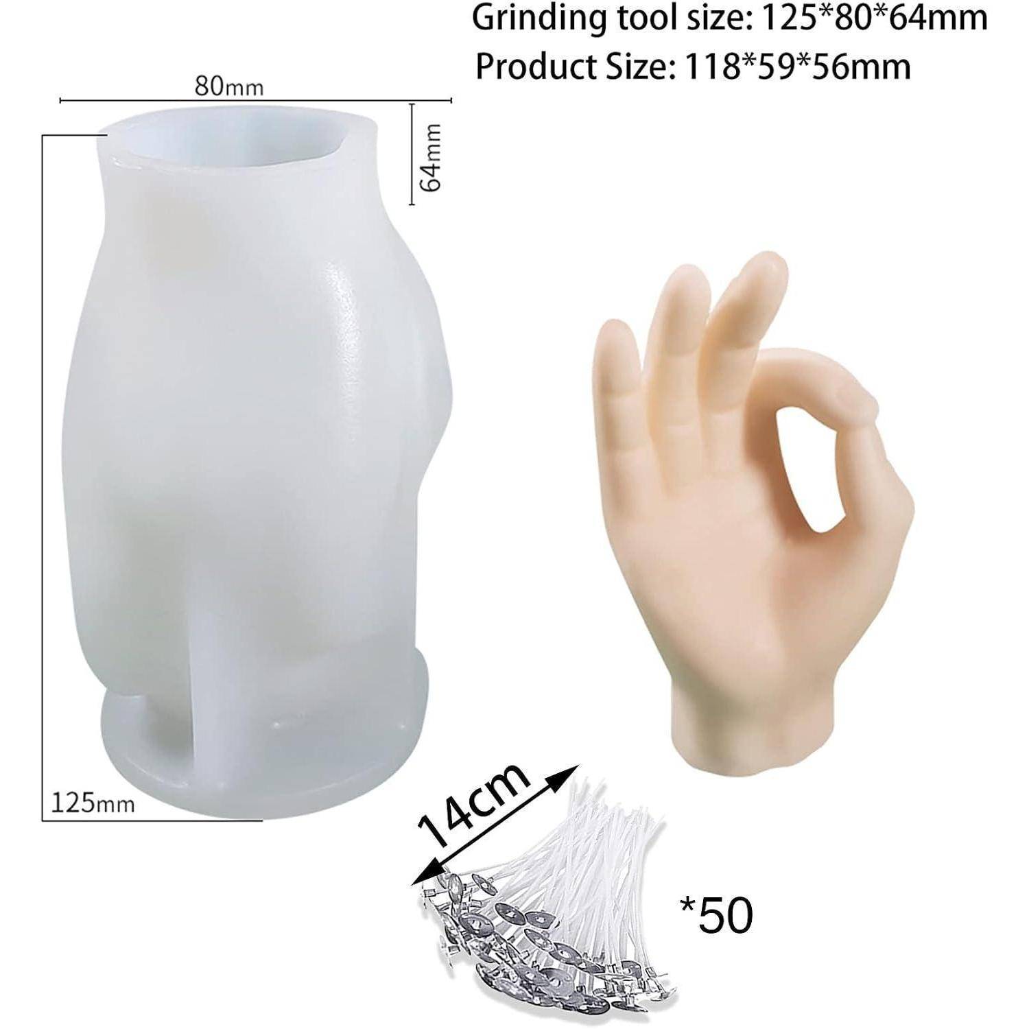 Produktbild mit einer durchscheinenden Silikon-Schleiftool-Hülle, einer handgeformten Führung und einem 14 cm Bündel von 50 Schleifköpfen mit Größenmessungen.