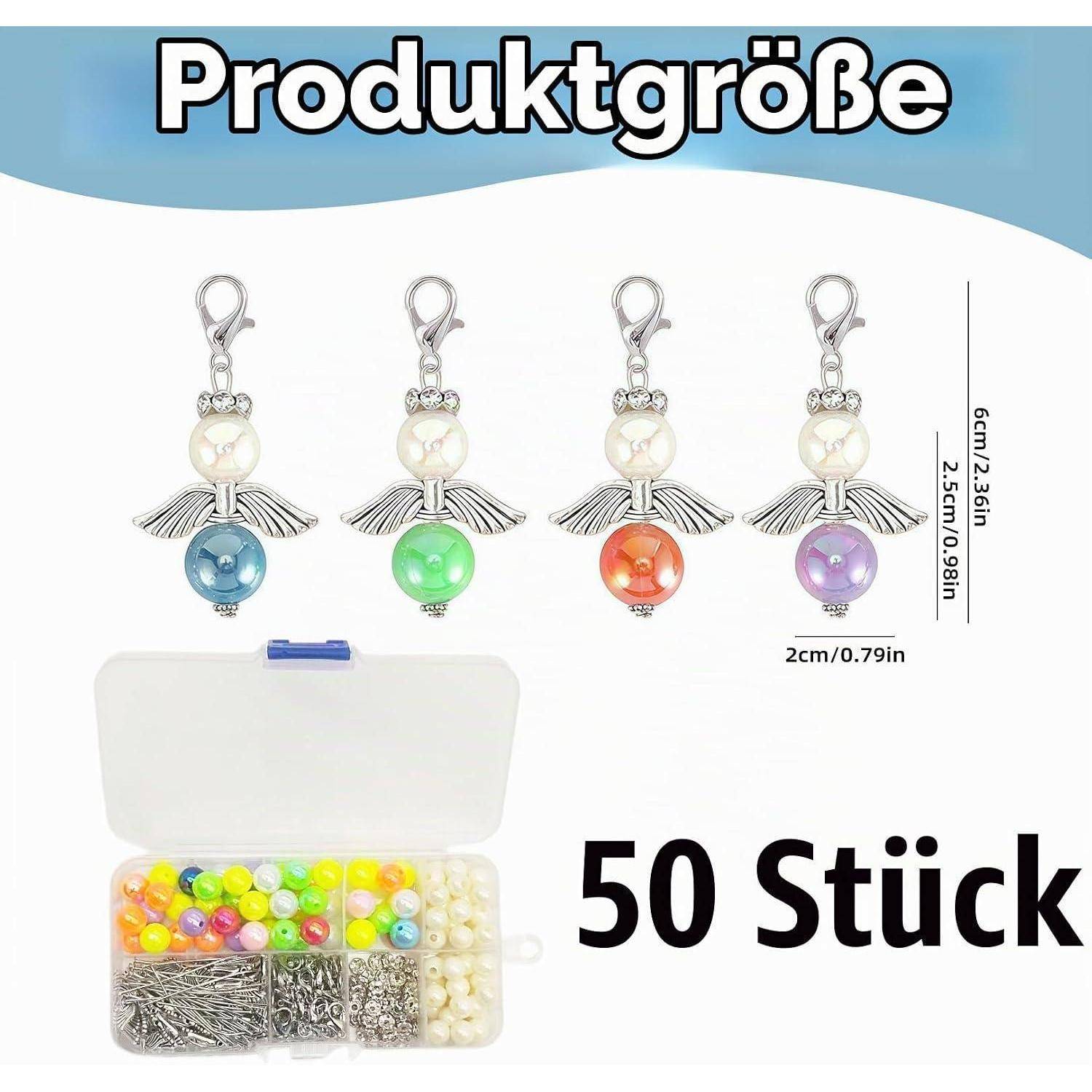 Größentabelle für Produkte mit vier engelförmigen Schlüsselanhängern mit farbigen Perlen, mit einer Höhe von 6 cm und einer Breite von 2 cm, plus eine Box mit 50 Stück.