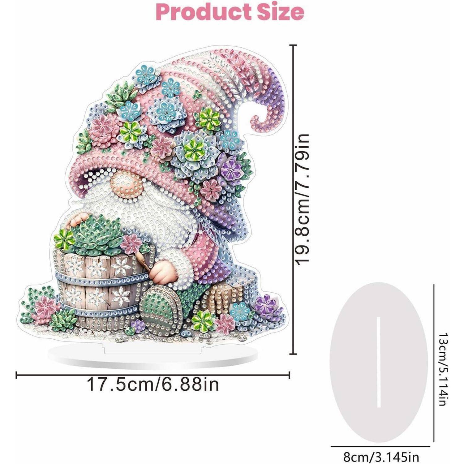 Produktgrößendiagramm zeigt einen Gnom mit Sukkulenten: 19,8 cm hoch, 17,5 cm breit und Basis 8 cm x 13 cm.