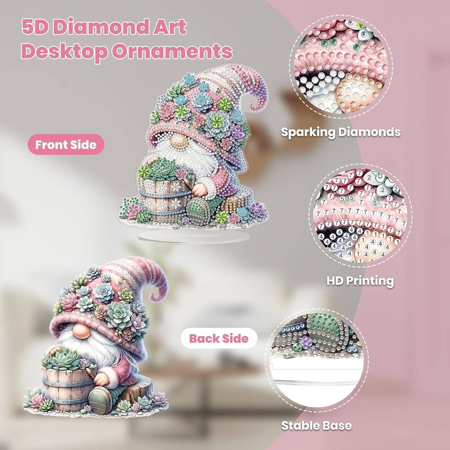 Produktbild eines 5D-Diamantkunst-Schreibtisch-Zwergs, zeigt Vorder- und Rückansicht mit funkelnden Diamanten, HD-Druck und stabiler Basis.
