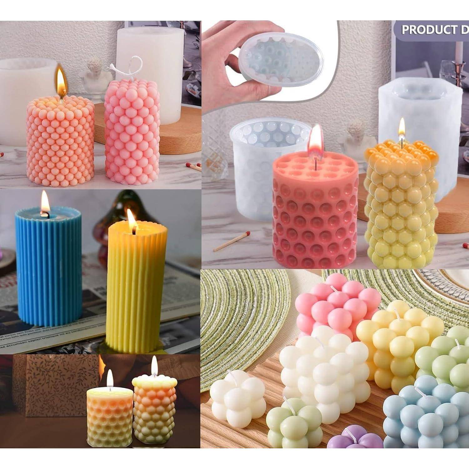Collage aus farbenfrohen strukturierten Blasenkerzen in verschiedenen Größen und Formen, angezündet und unangezündet, präsentiert als dekorative Wohnaccessoires.