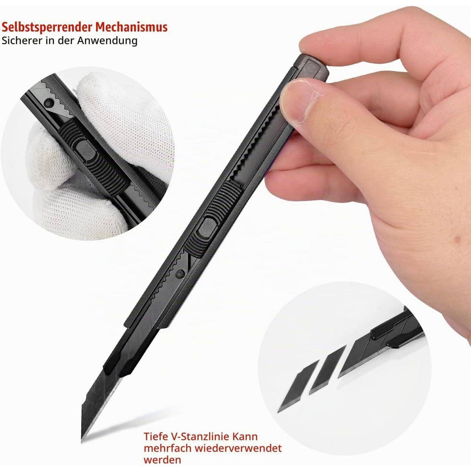 Hand hält ein einziehbares Universalmesser mit Selbstverriegelungsmechanismus; eingefügte Nahaufnahmen zeigen den Griff und die Messerklinge, mit deutschem Text über sichere Verwendung und wiederverwendbare tiefe V-Schneidklinge.