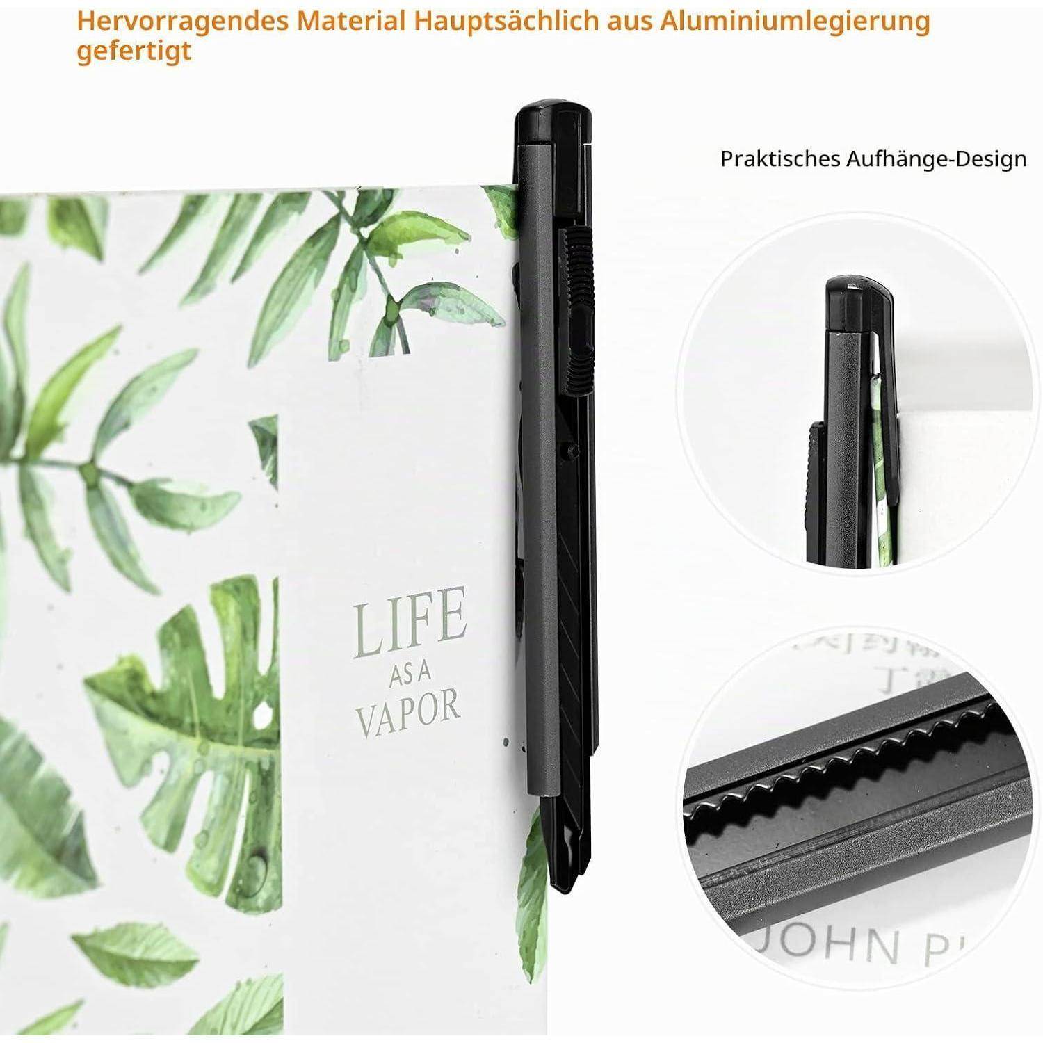 Schwarze Aluminium-Buchklammer mit Aufhängedesign hält ein Buch mit Blattmuster offen; eingefügte Nahaufnahmen zeigen die Klammer und den gezähnten Griff.