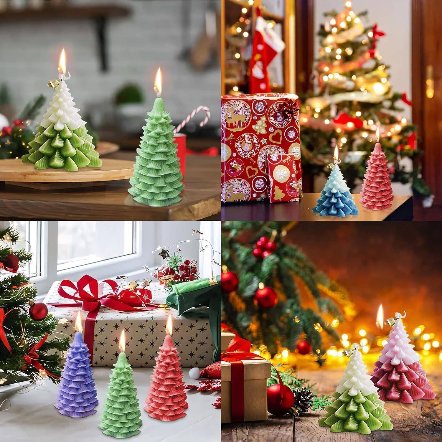Collage aus dekorativen kegelförmigen Kerzen in festlichen Farben, angezündet und neben Weihnachtsgeschenken, Christbaumkugeln und einem Baum angeordnet.