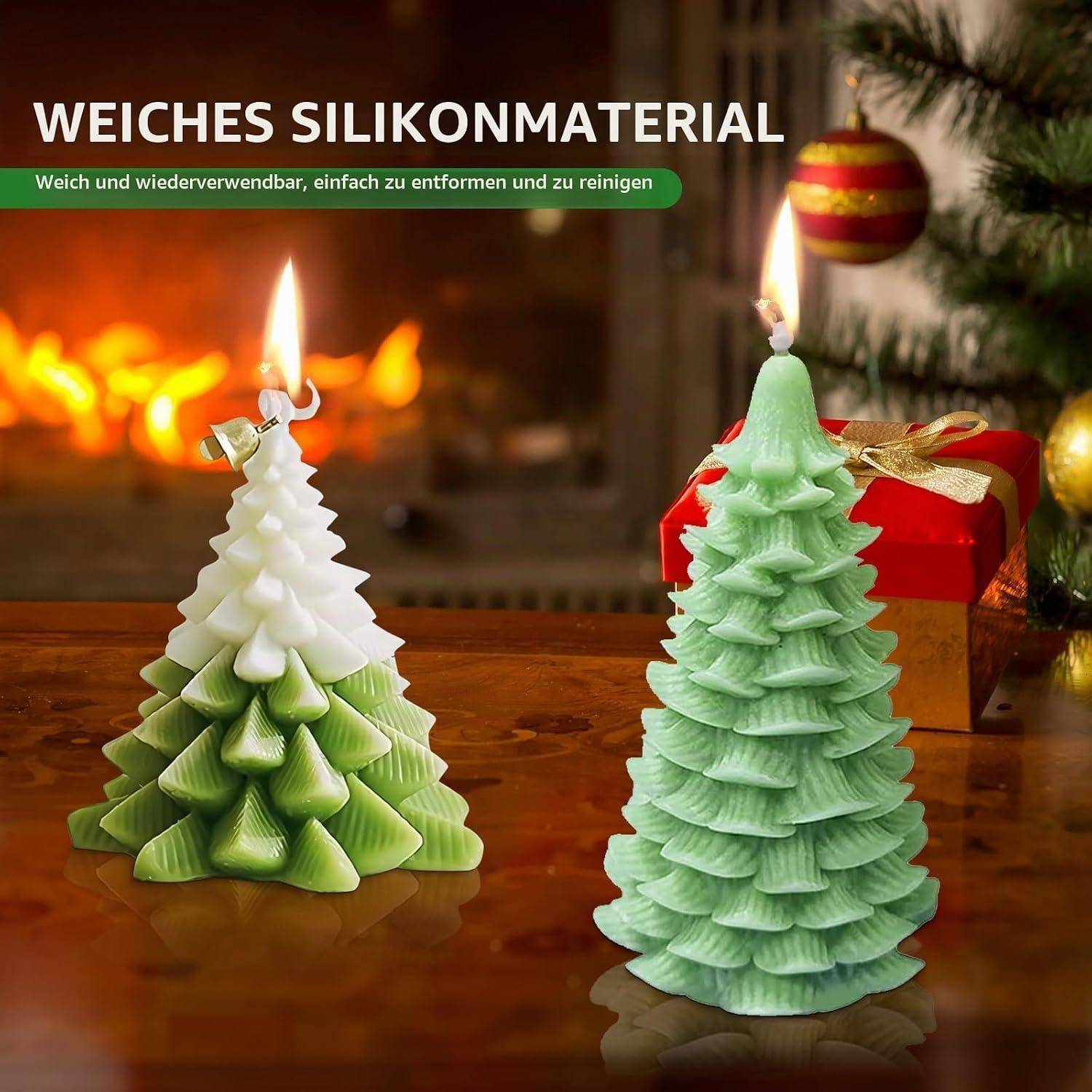 Zwei weihnachtsbaumförmige Kerzen, eine grün-weiß und eine mintgrün, brennen auf einem Tisch mit deutschem Text über weiches, waschbares Silikon-Material.