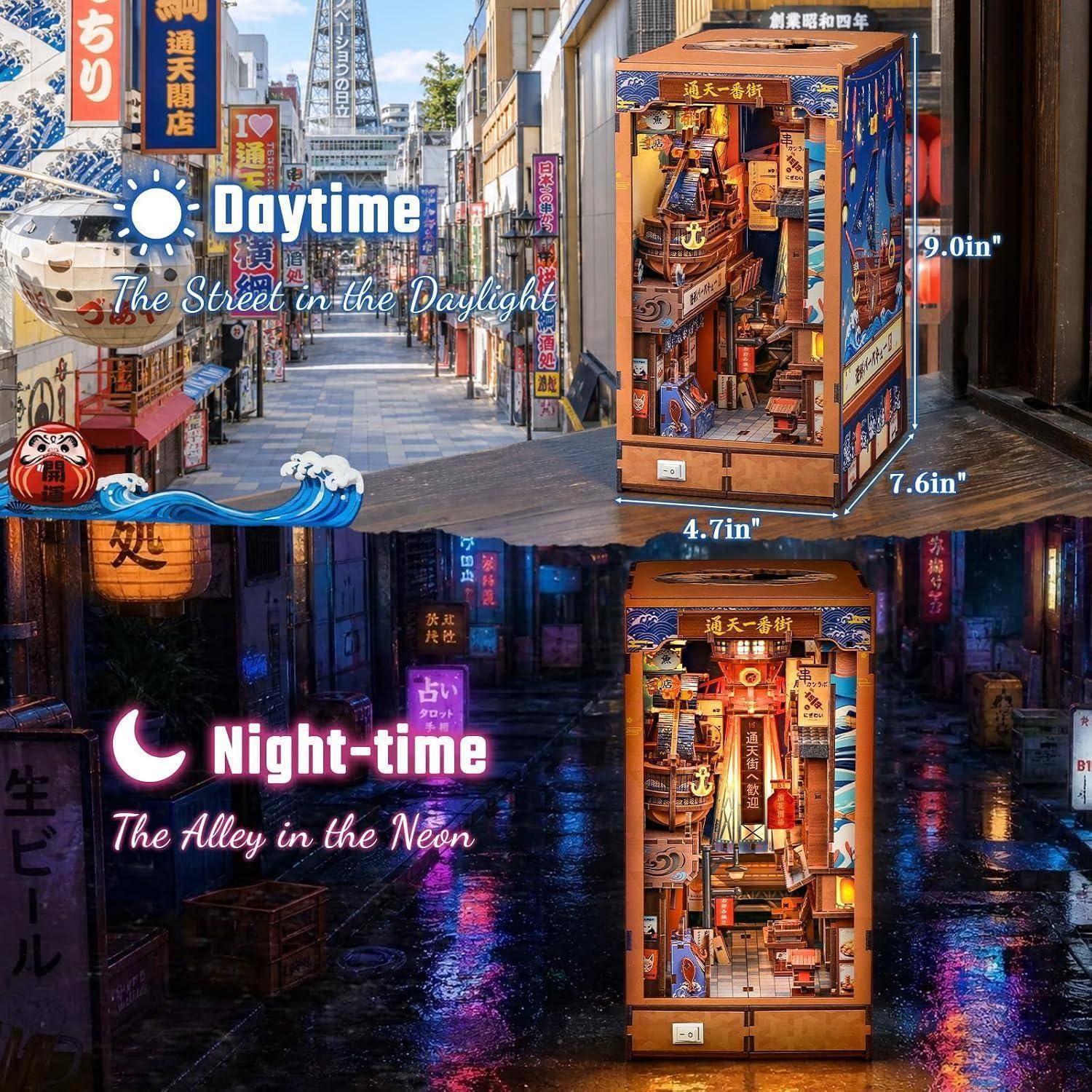Geteiltes Bild mit einem Vergleich einer Miniatur-Straßenszene bei Tageslicht und einer neonbeleuchteten Gasse bei Nacht, mit Größenbezeichnungen 9,0 Zoll, 7,6 Zoll und 4,7 Zoll.