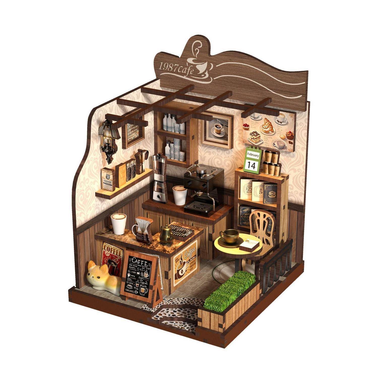 Miniatur-Kaffeeshop-Diorama mit Theke, Espressomaschine, Speisekarte, Sitzgelegenheiten, Regalen und einem Kalender mit 