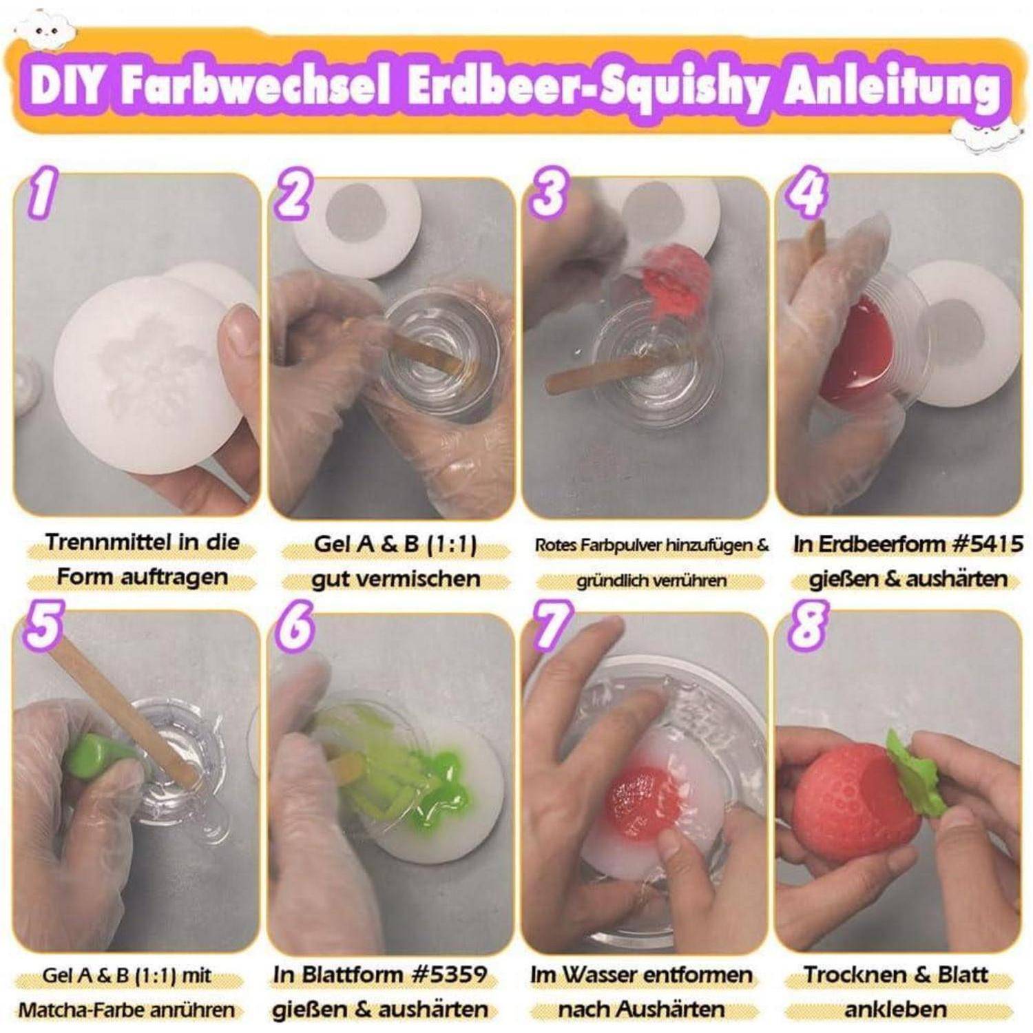 Schritt-für-Schritt-Anleitung zum Herstellen eines DIY-Erdbeer-Squishys zeigt, wie man Gel mischt und rotes Pulver hinzufügt, gießt, formt, ausspült, trocknet und ein Blatt befestigt.