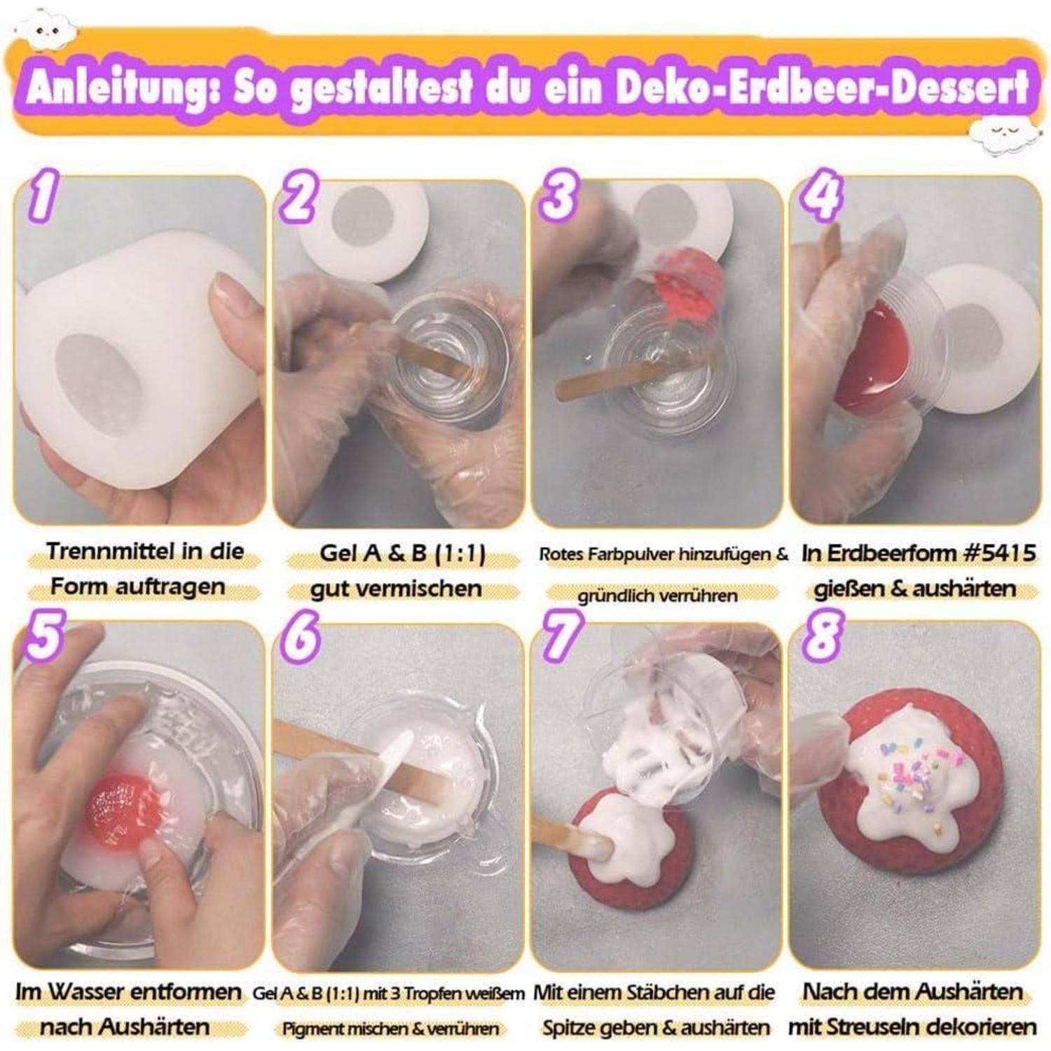 Anleitungs-Infografik mit 8 Schritten zur Herstellung eines dekorativen Erdbeerdesserts, Mischen von Gel, Hinzufügen von rotem Pigment, Gießen in eine Erdbeerkuchenform, Entformen und Verzierung mit weißem Topping und Streuseln.