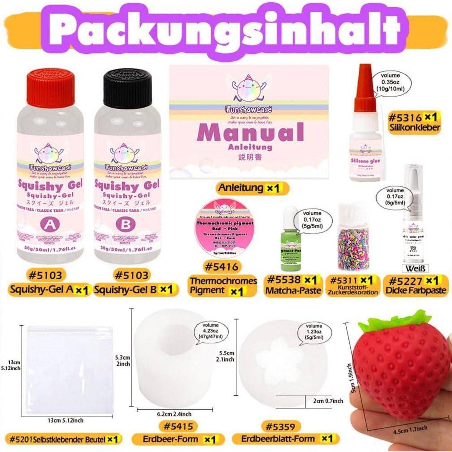 Packungsinhalt für ein Squishy-Gel-Set: zwei Squishy-Gel-Flaschen A und B, Bedienungsanleitung, thermochromes Pigment, Matcha-Paste, Kunststoff-Zuckerdekor, dickflüssige Farbpaste, Silikonkleber, selbstklebender Beutel und Erdbeermold-Formen.