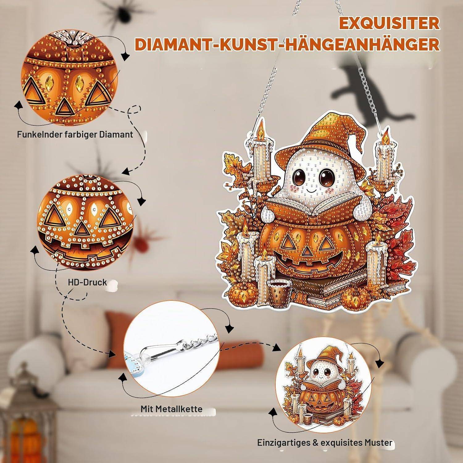 Werbebild eines Halloween-Kunstharz-Anhängers mit süßem Gespenst in orangenem Hut und Kerzen, mit Nahaufnahmen des funkelnden Designs, der Metallkette und des Beispielmusters.