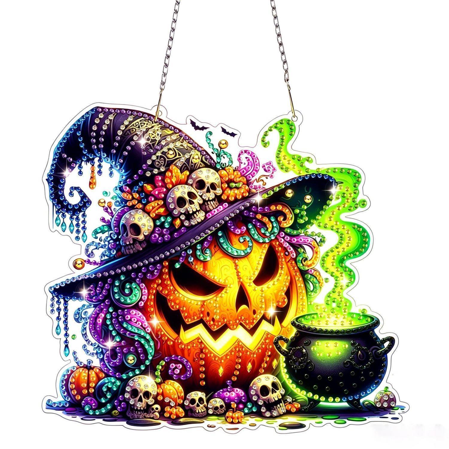 Farbenfrohe Halloween-Dekoration mit einem grinsenden Kürbisgesicht in einem funkelnden Hexenhut neben einem schwarzen Kessel mit grünem Rauch und Schädeln.