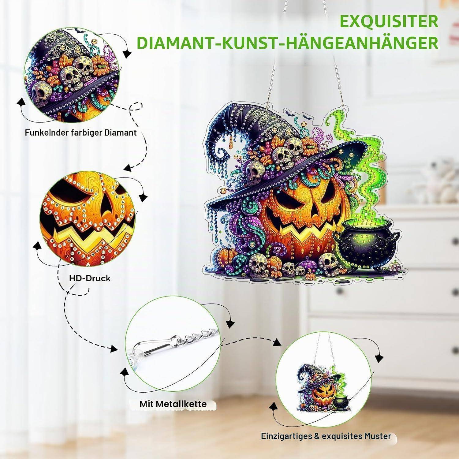 Buntes Halloween-Diamantkunst-Hängependant mit Kürbis und Hexenhut, gezeigt mit Nahaufnahmen von Details, Metallkette und deutschen Beschriftungen, die das Design erklären.