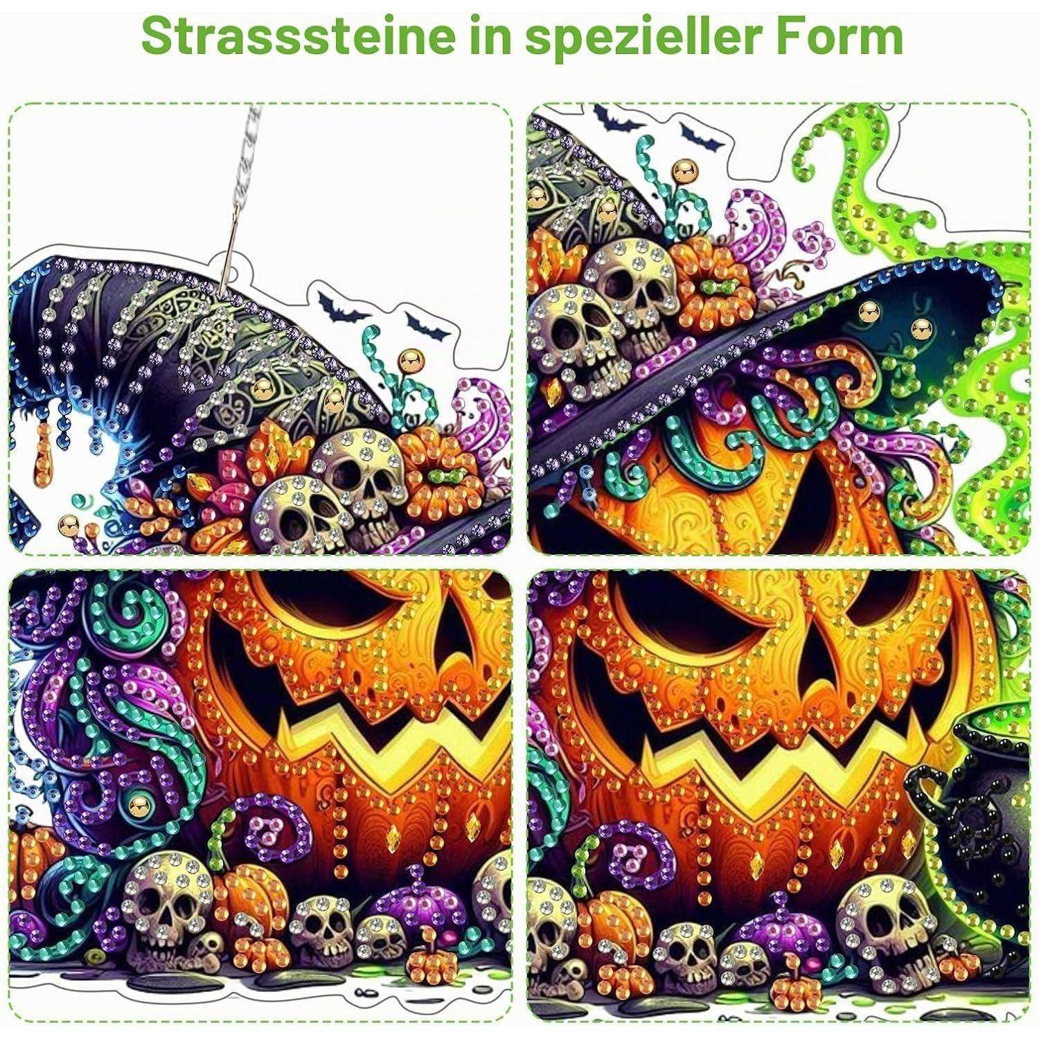 Vierpanel-Collage von Kunstwerken mit besetzten Halloween-Kürbissen und Schädeln, mit dem Titel „Strasssteine in spezieller Form".